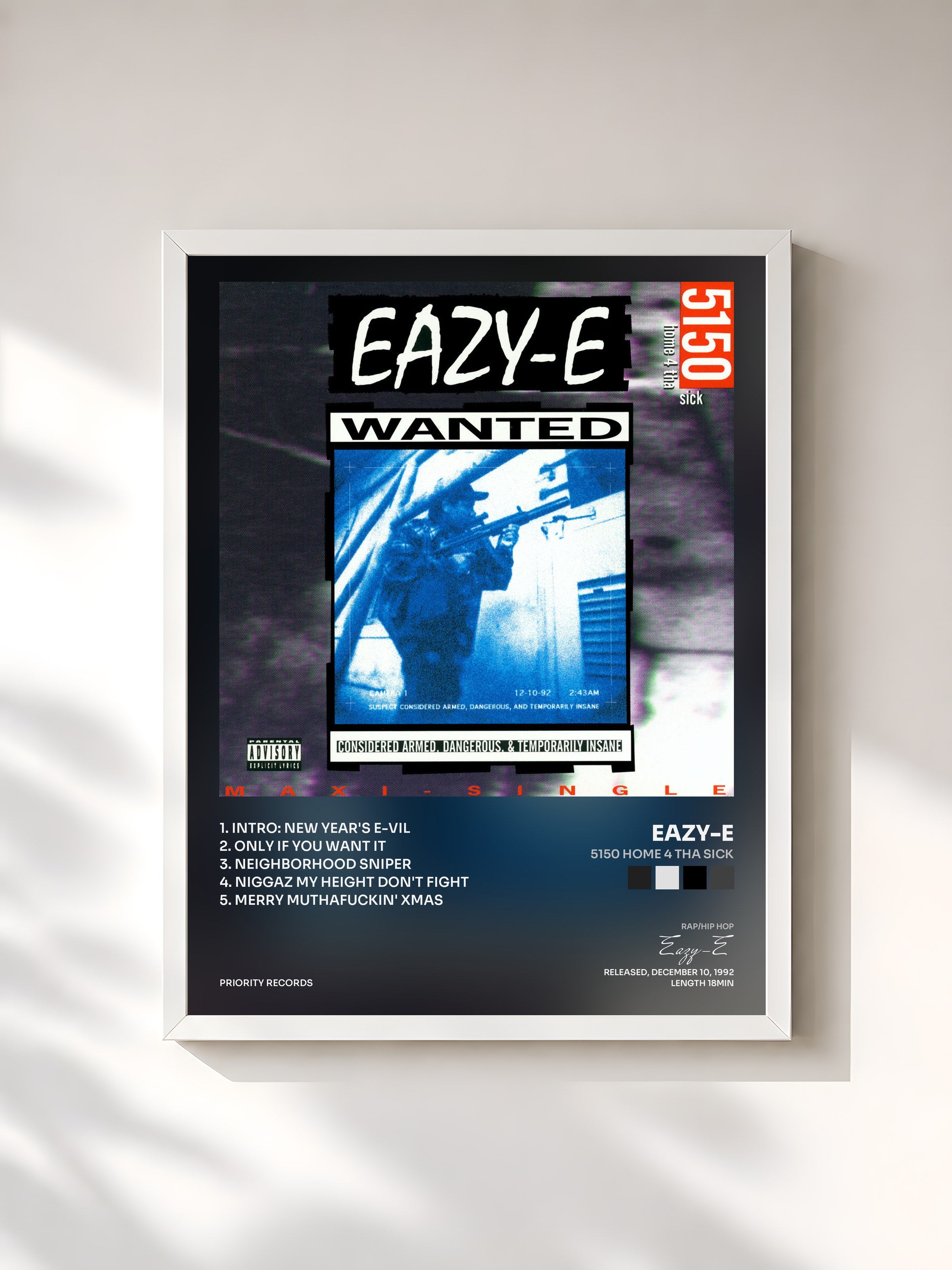 #blanc Tableau de l'album 5150 Home 4 Tha Sick de Eazy-E, cadre blanc, imprimé et encadré en France
