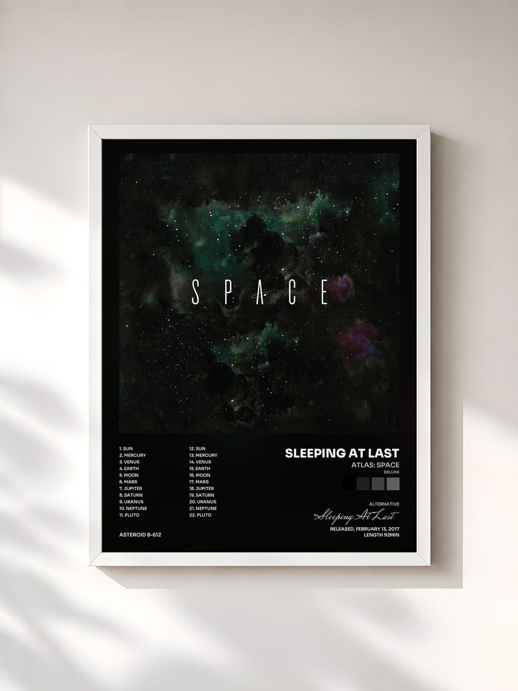 #blanc Atlas: Space (Deluxe) by Sleeping At Last as a framed art print, white frame, printed and framed in France