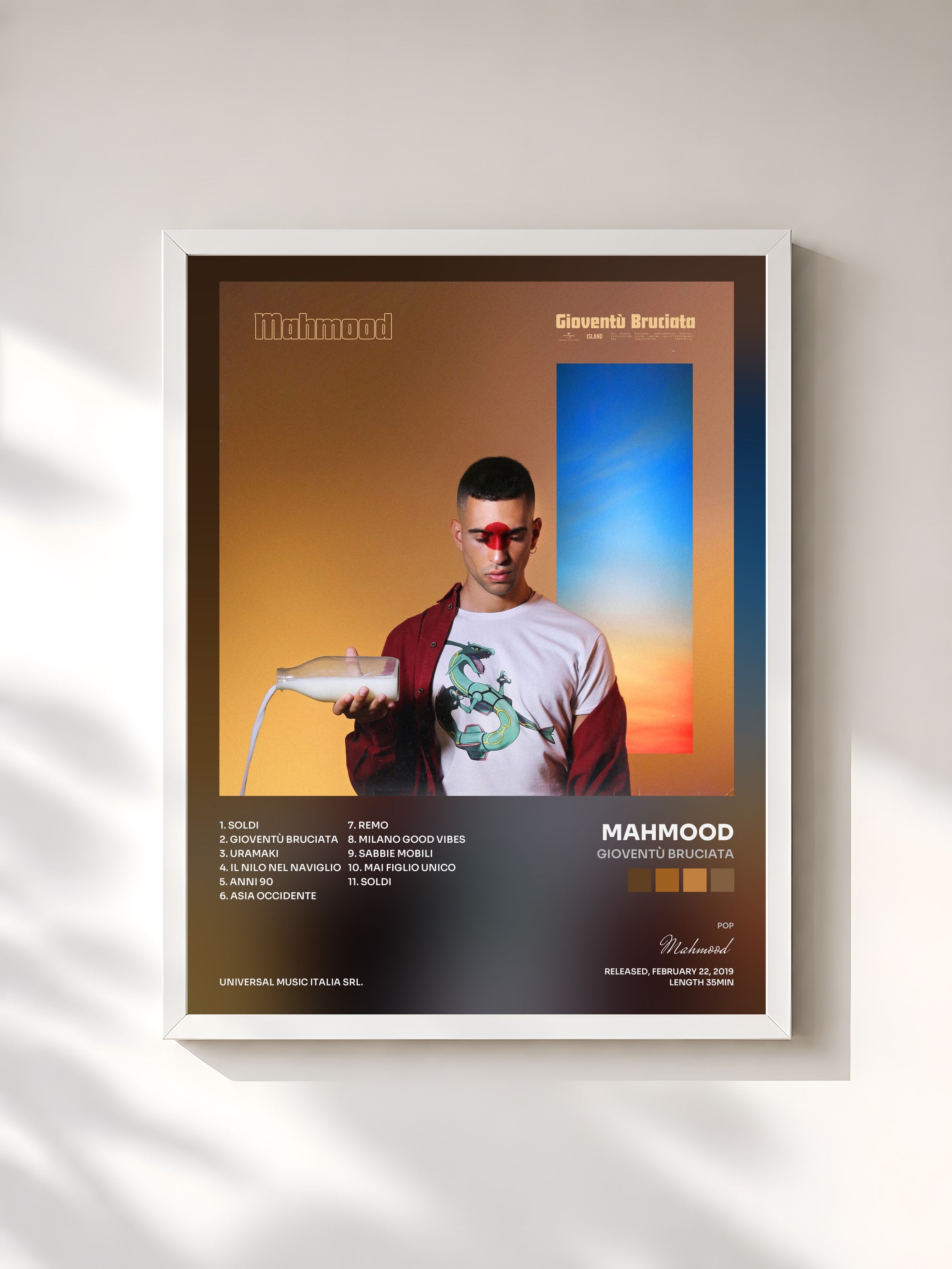 #blanc Tableau de l'album Gioventù Bruciata de Mahmood, cadre blanc, imprimé et encadré en France