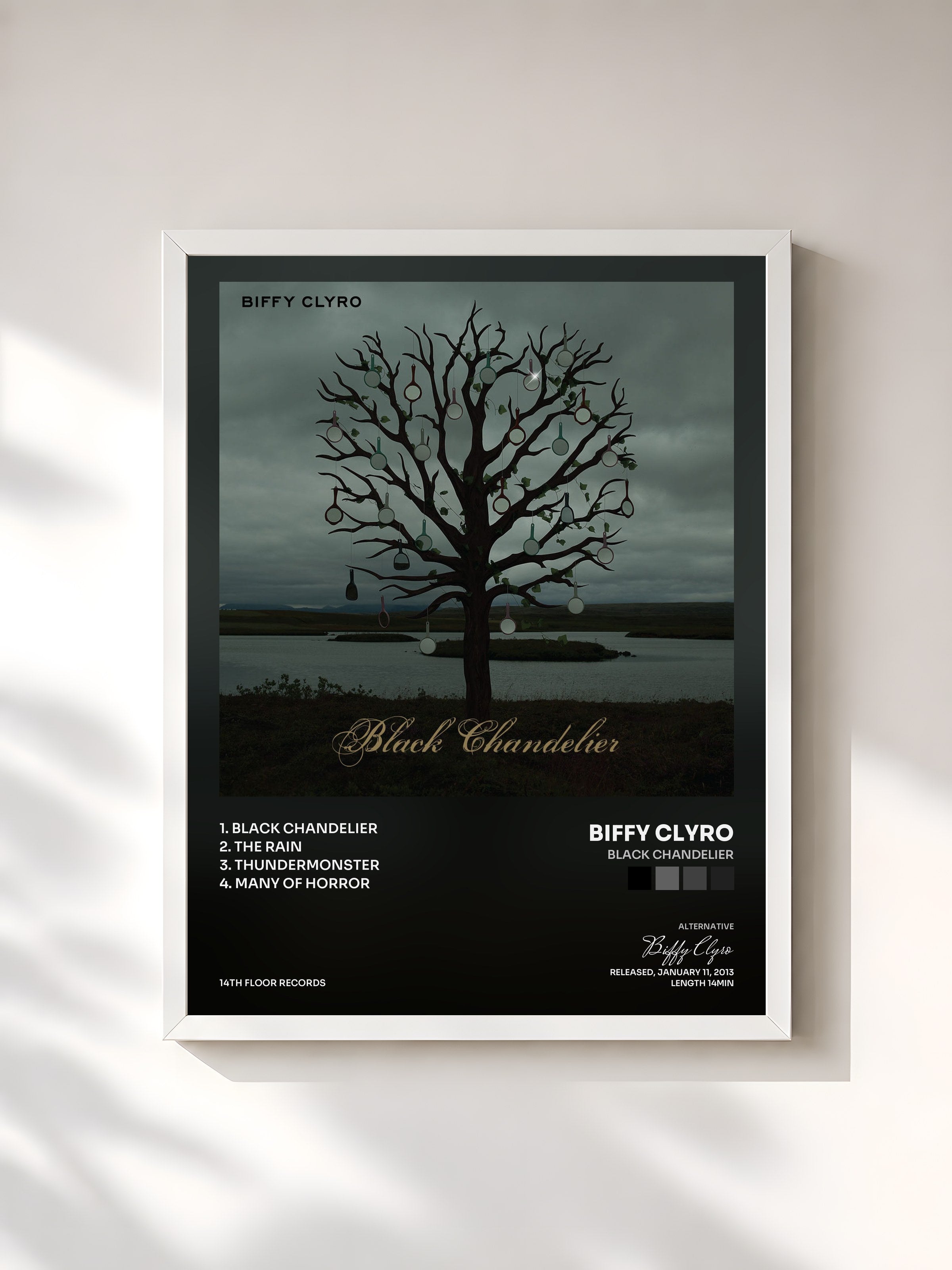 #blanc Tableau de l'album Black Chandelier de Biffy Clyro, cadre blanc, imprimé et encadré en France
