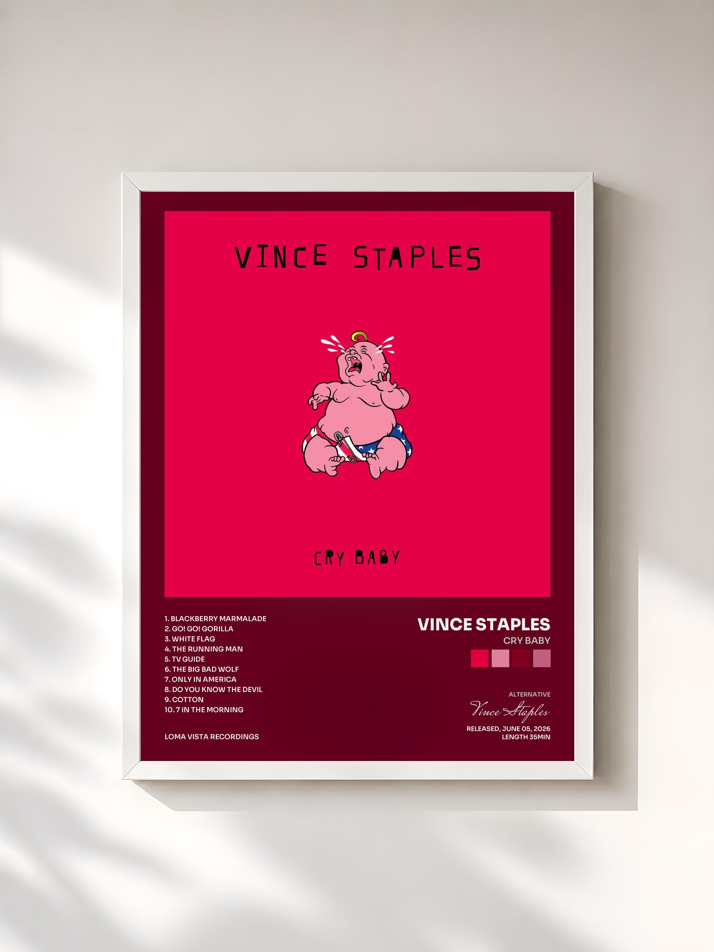 #blanc Tableau de l'album Cry Baby de Vince Staples, cadre blanc, imprimé et encadré en France