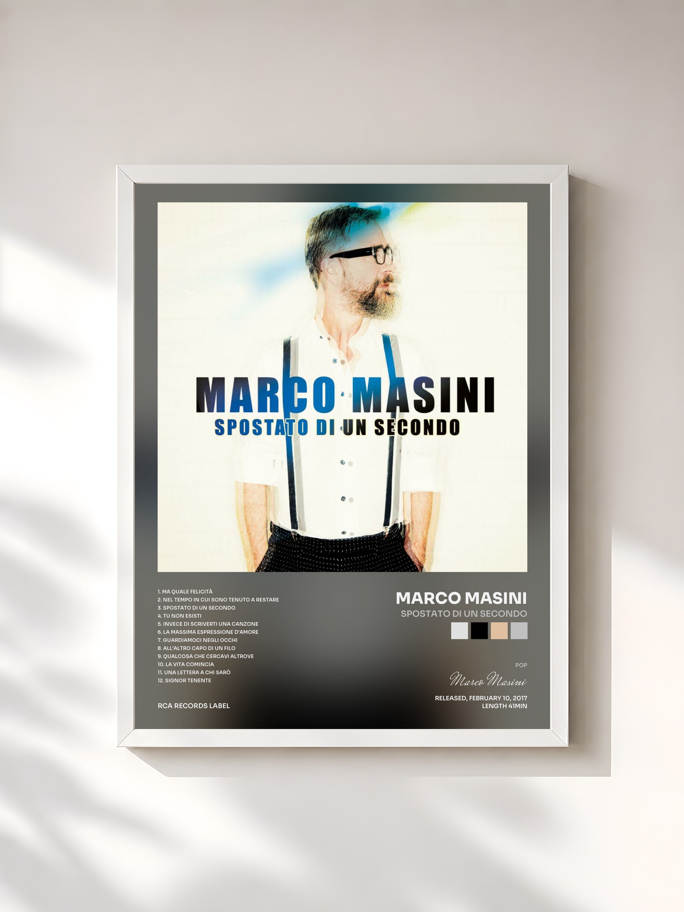 #blanc Tableau de l'album Spostato di un secondo de Marco Masini, cadre blanc, imprimé et encadré en France