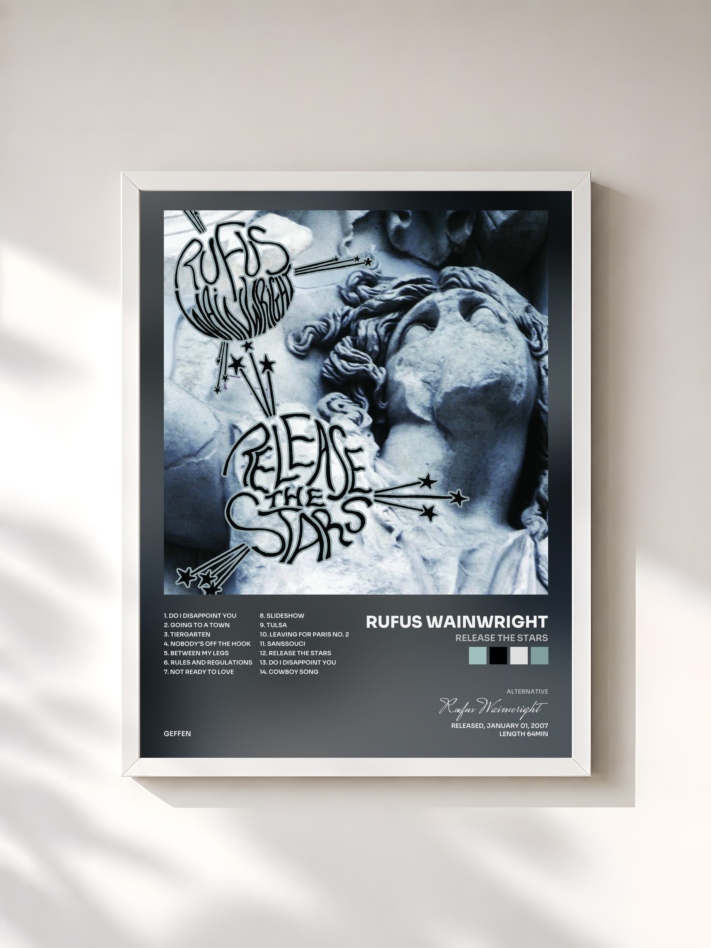 #blanc Tableau de l'album Release The Stars de Rufus Wainwright, cadre blanc, imprimé et encadré en France