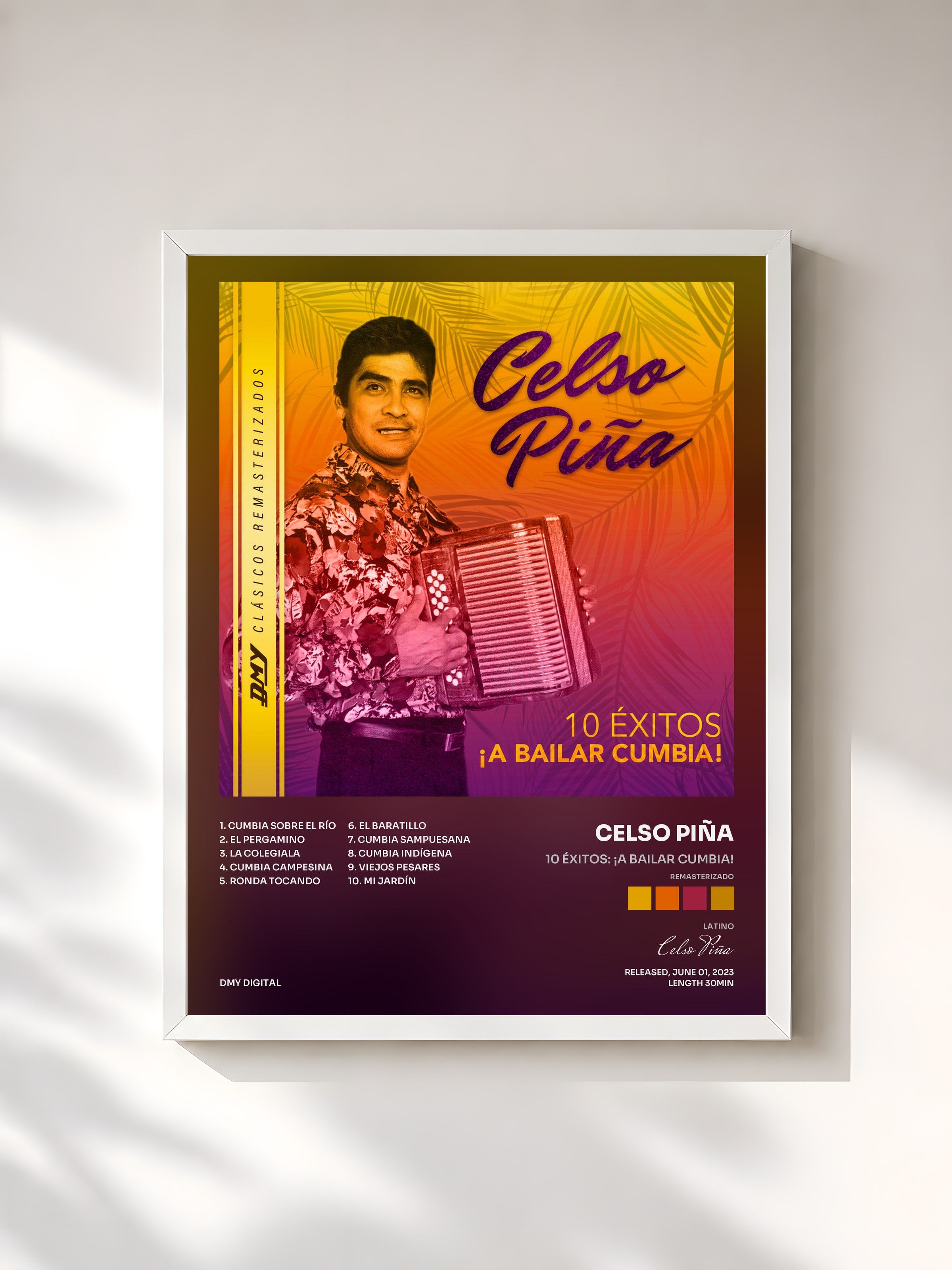 #blanc Tableau de l'album 10 Éxitos: ¡A Bailar Cumbia! (Remasterizado) de Celso Piña, cadre blanc, imprimé et encadré en France