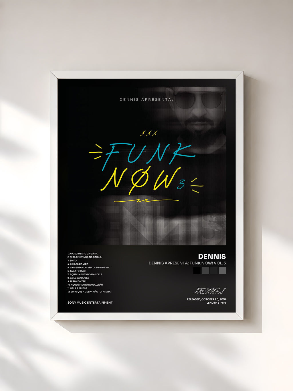 #blanc Tableau de l'album DENNIS Apresenta: Funk Now! Vol. 3 de DENNIS, cadre blanc, imprimé et encadré en France