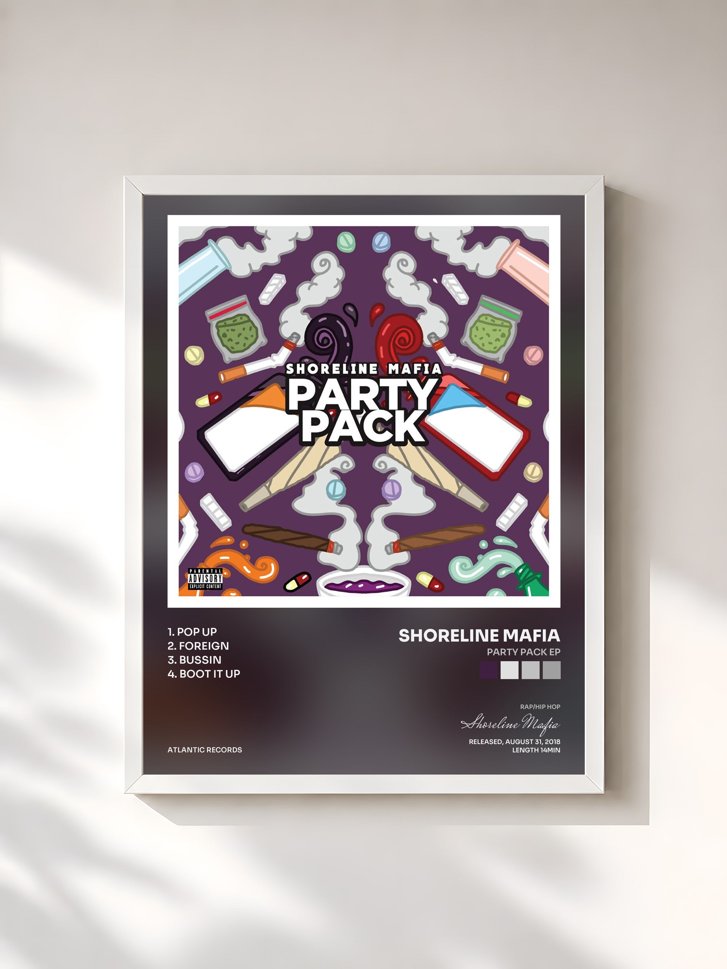 #blanc Tableau de l'album Party Pack EP de Shoreline Mafia, cadre blanc, imprimé et encadré en France