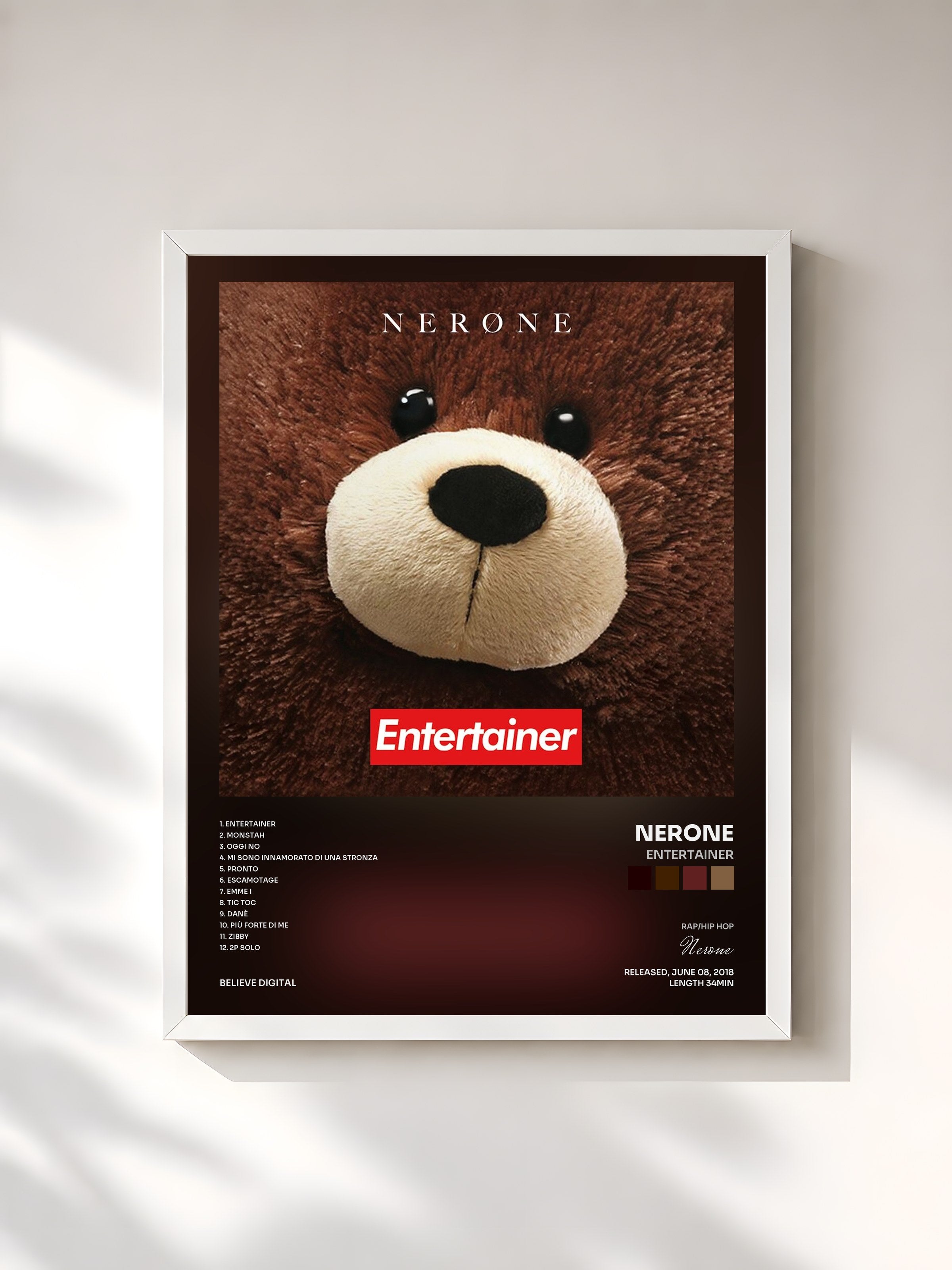 #blanc Tableau de l'album Entertainer de Nerone, cadre blanc, imprimé et encadré en France