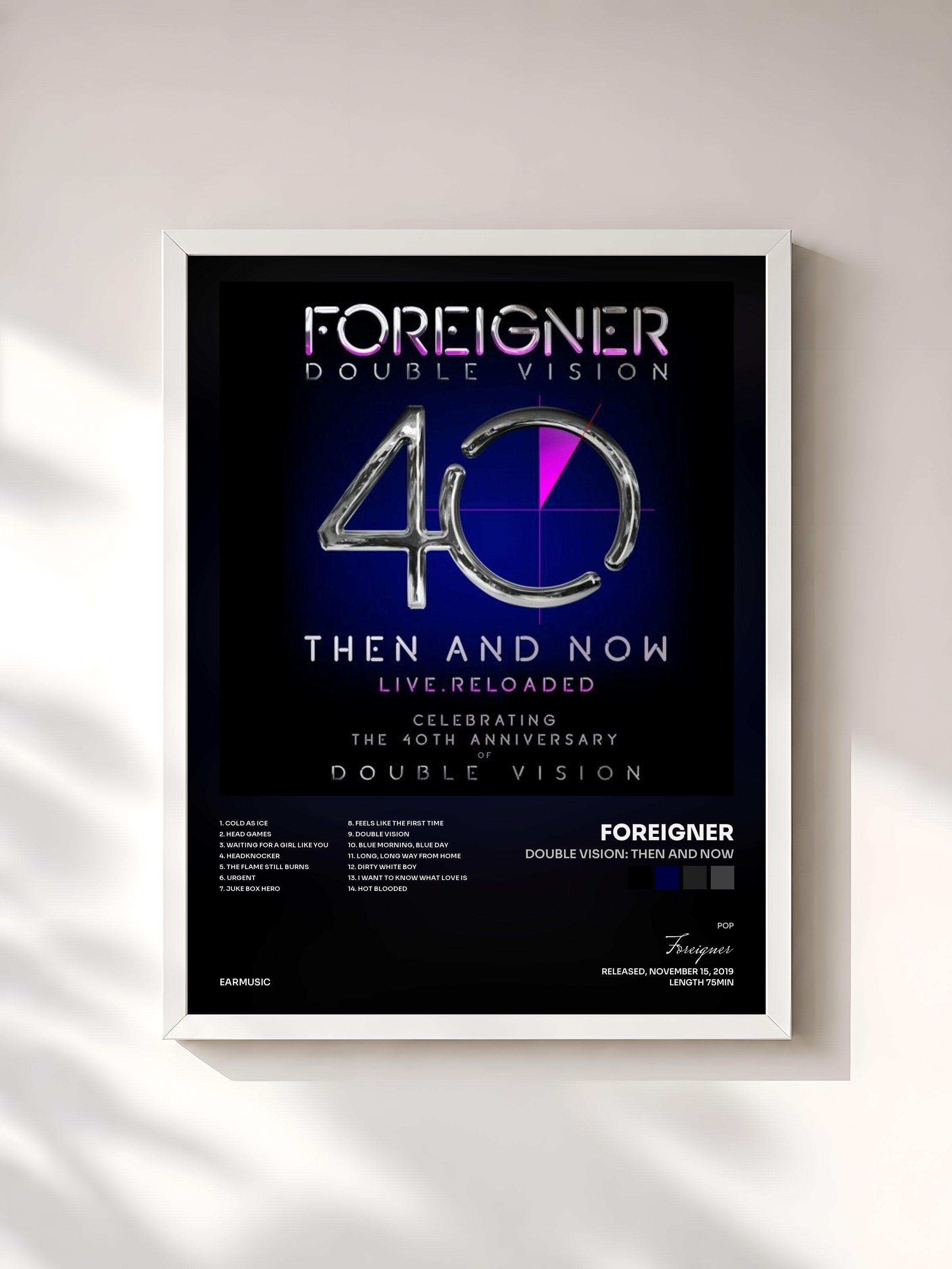 #blanc Tableau de l'album Double Vision: Then and Now de Foreigner, cadre blanc, imprimé et encadré en France