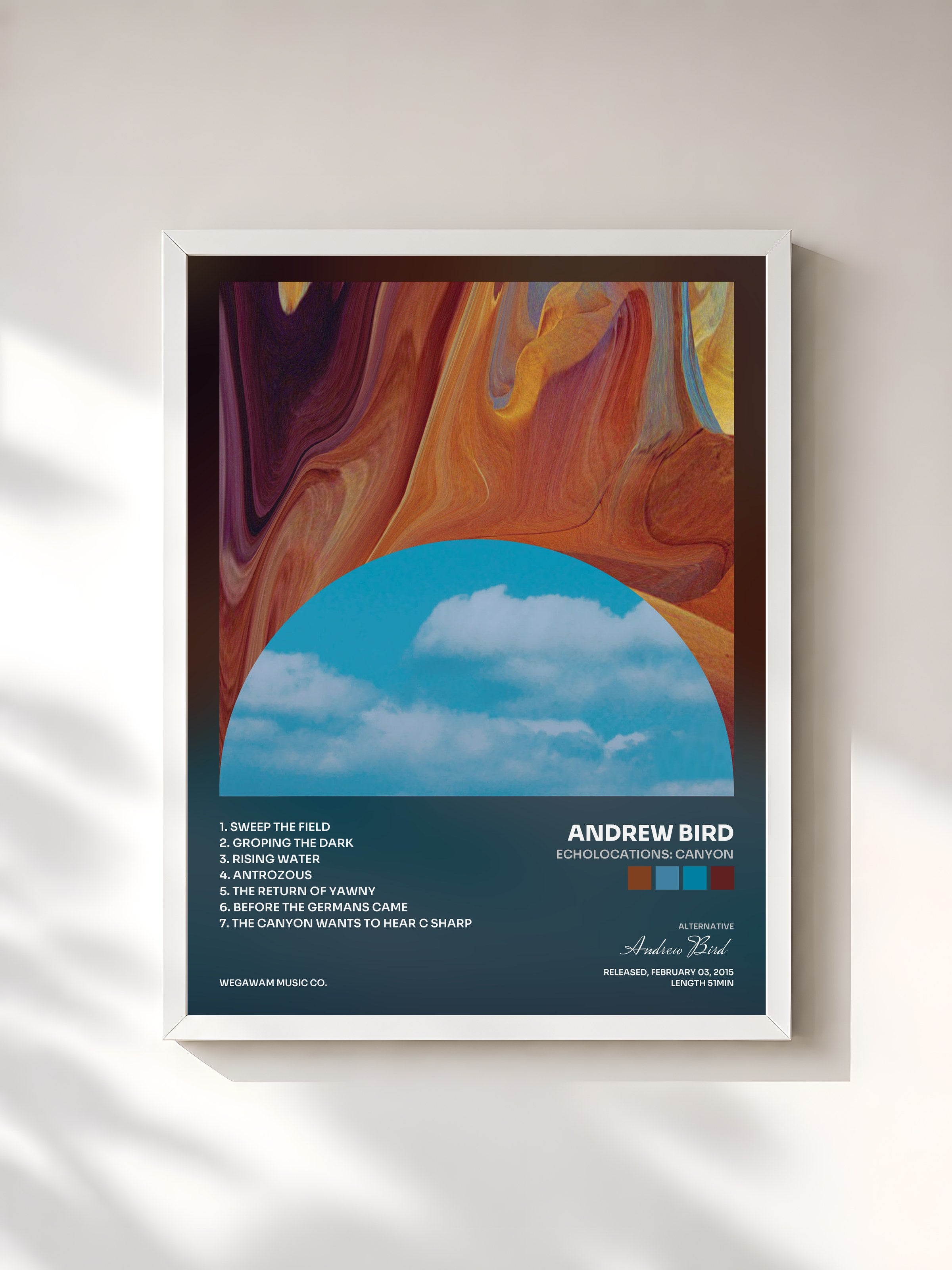 #blanc Tableau de l'album Echolocations: Canyon de Andrew Bird, cadre blanc, imprimé et encadré en France