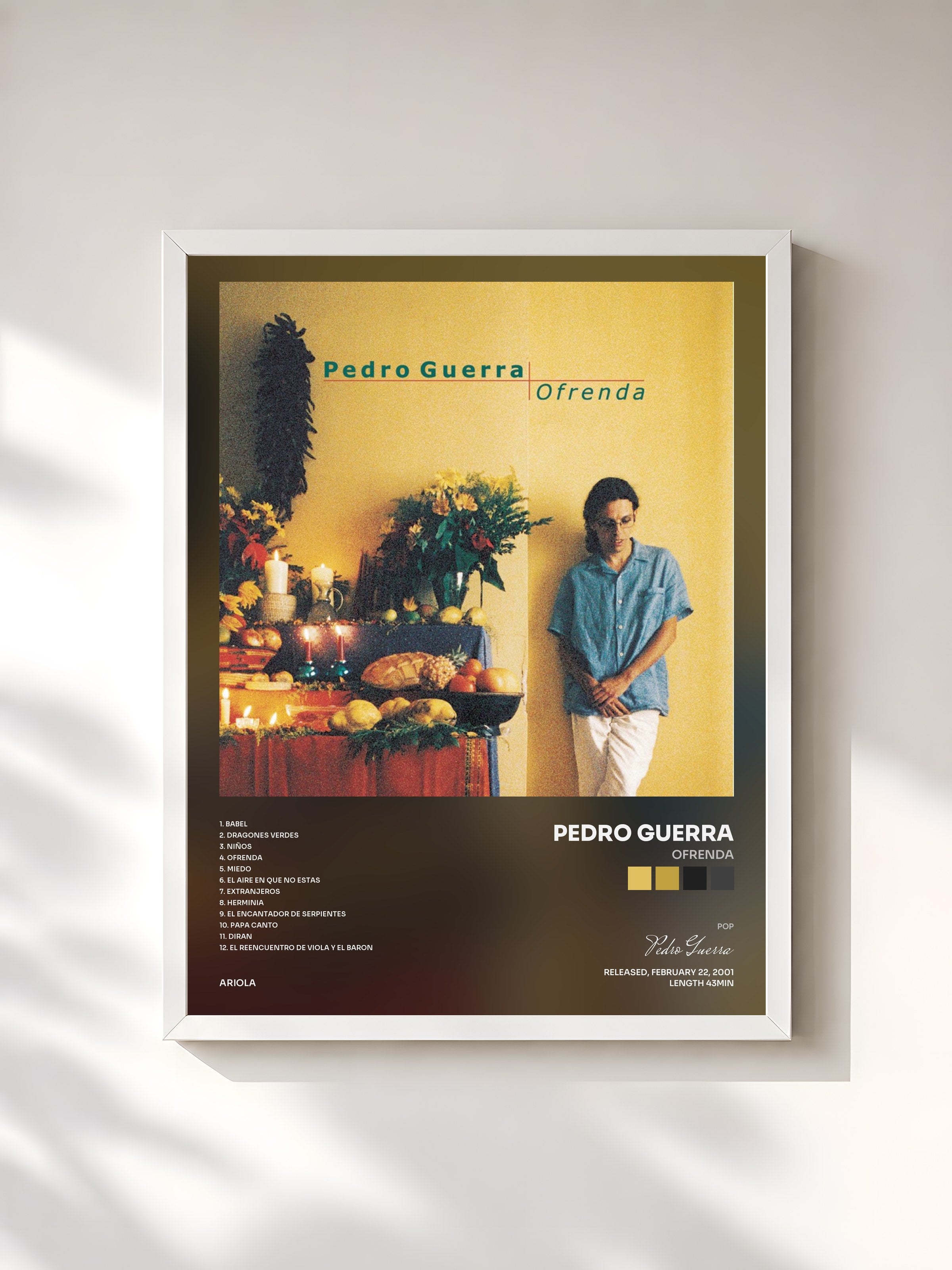 #blanc Tableau de l'album Ofrenda de Pedro Guerra, cadre blanc, imprimé et encadré en France