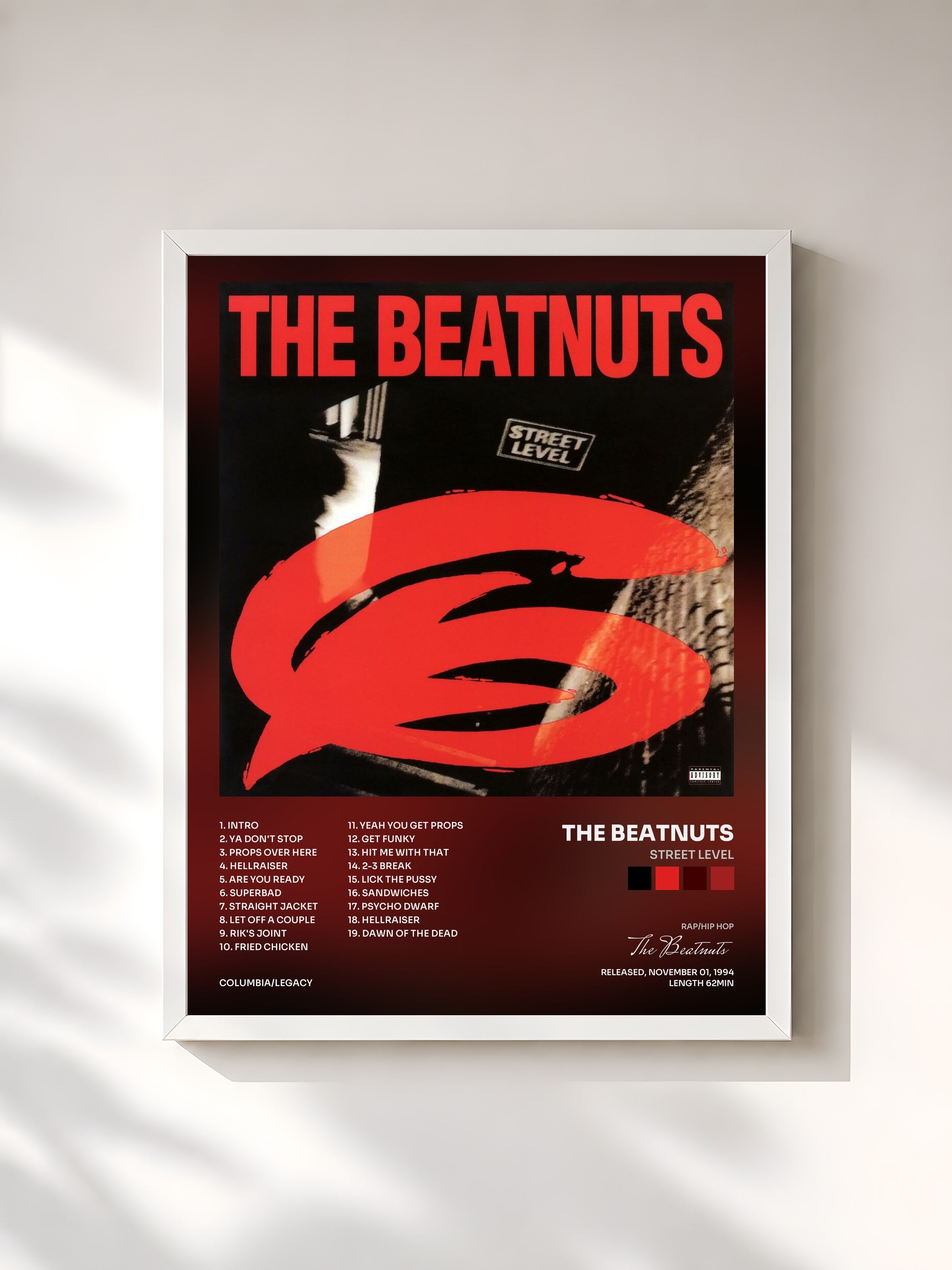 #blanc Tableau de l'album Street Level de The Beatnuts, cadre blanc, imprimé et encadré en France