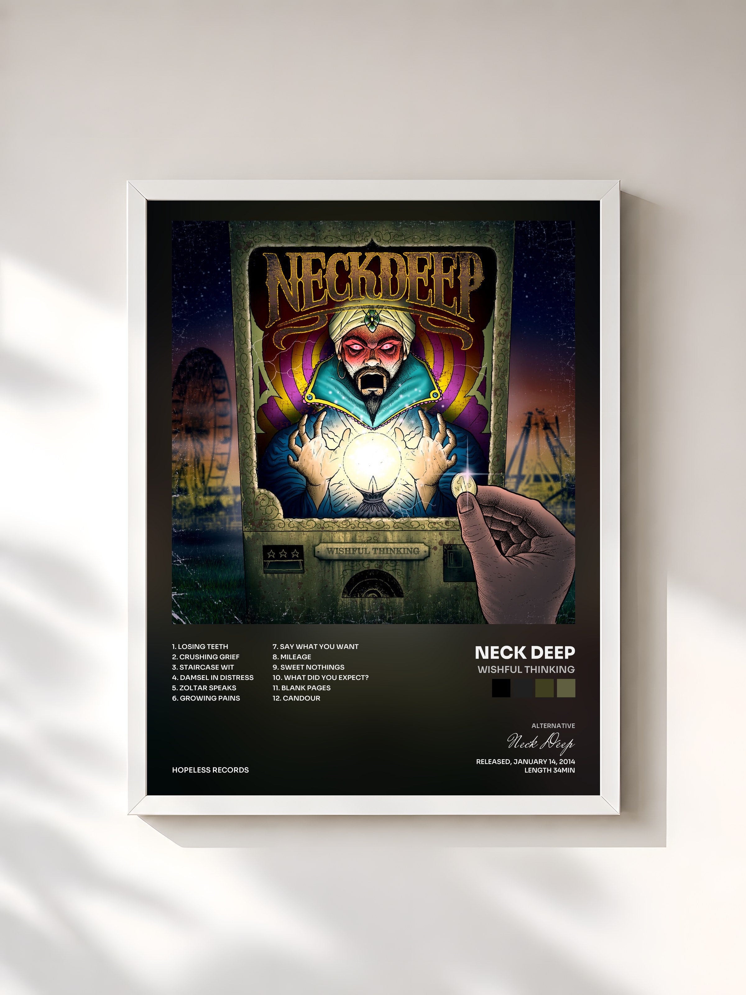 #blanc Tableau de l'album Wishful Thinking de Neck Deep, cadre blanc, imprimé et encadré en France