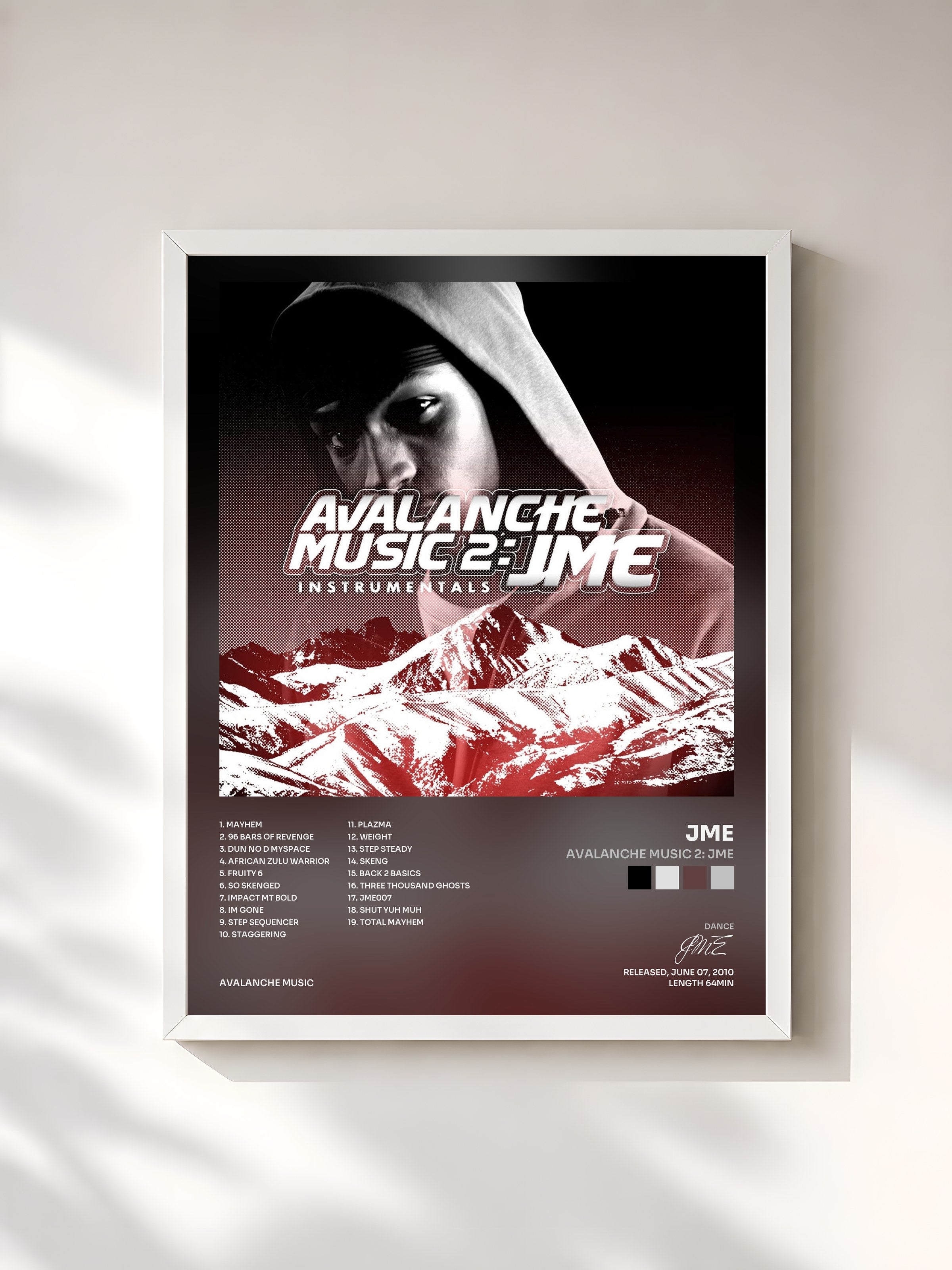 #blanc Tableau de l'album Avalanche Music 2: JME de JME, cadre blanc, imprimé et encadré en France