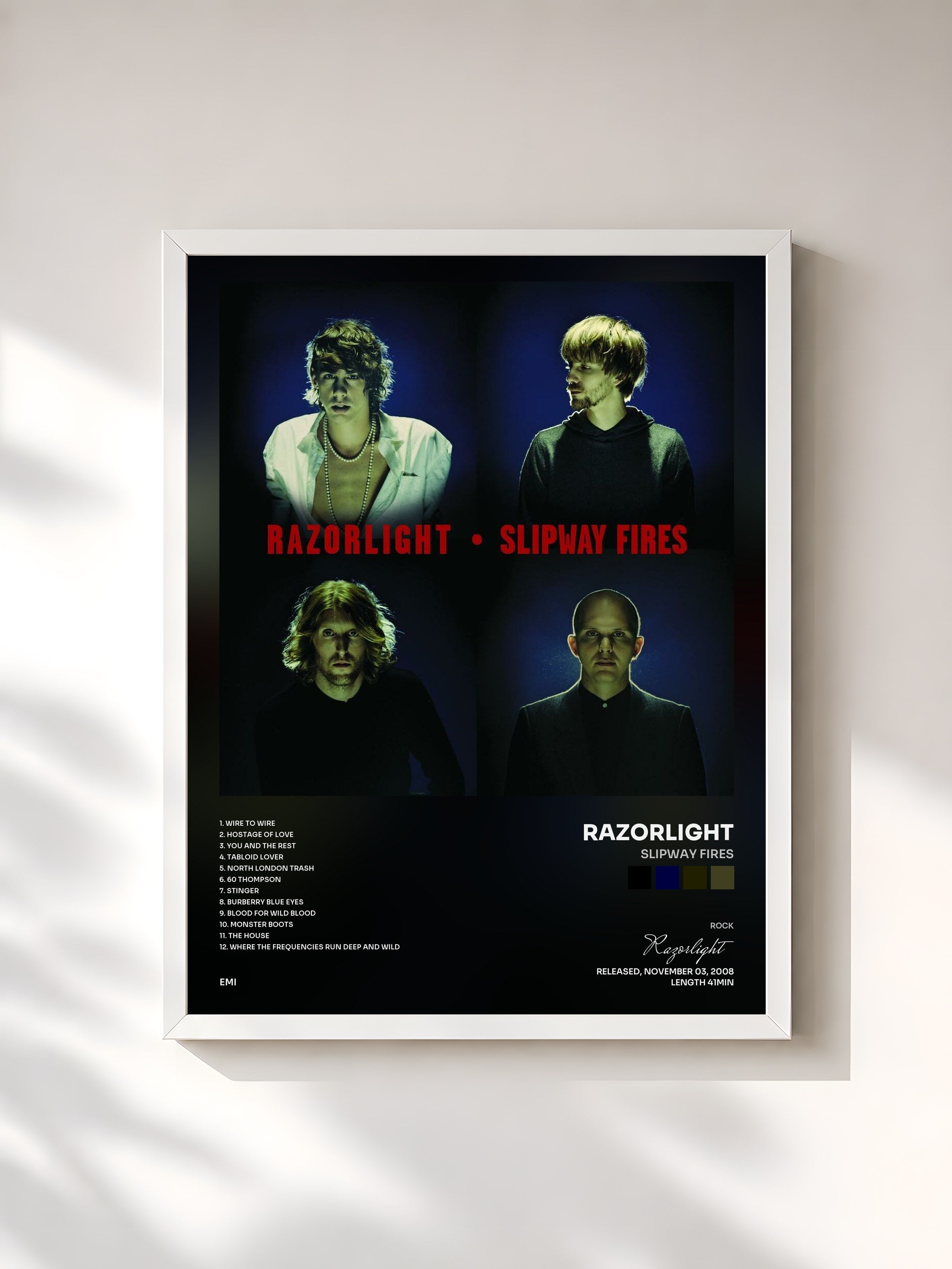 #blanc Tableau de l'album Slipway Fires de Razorlight, cadre blanc, imprimé et encadré en France