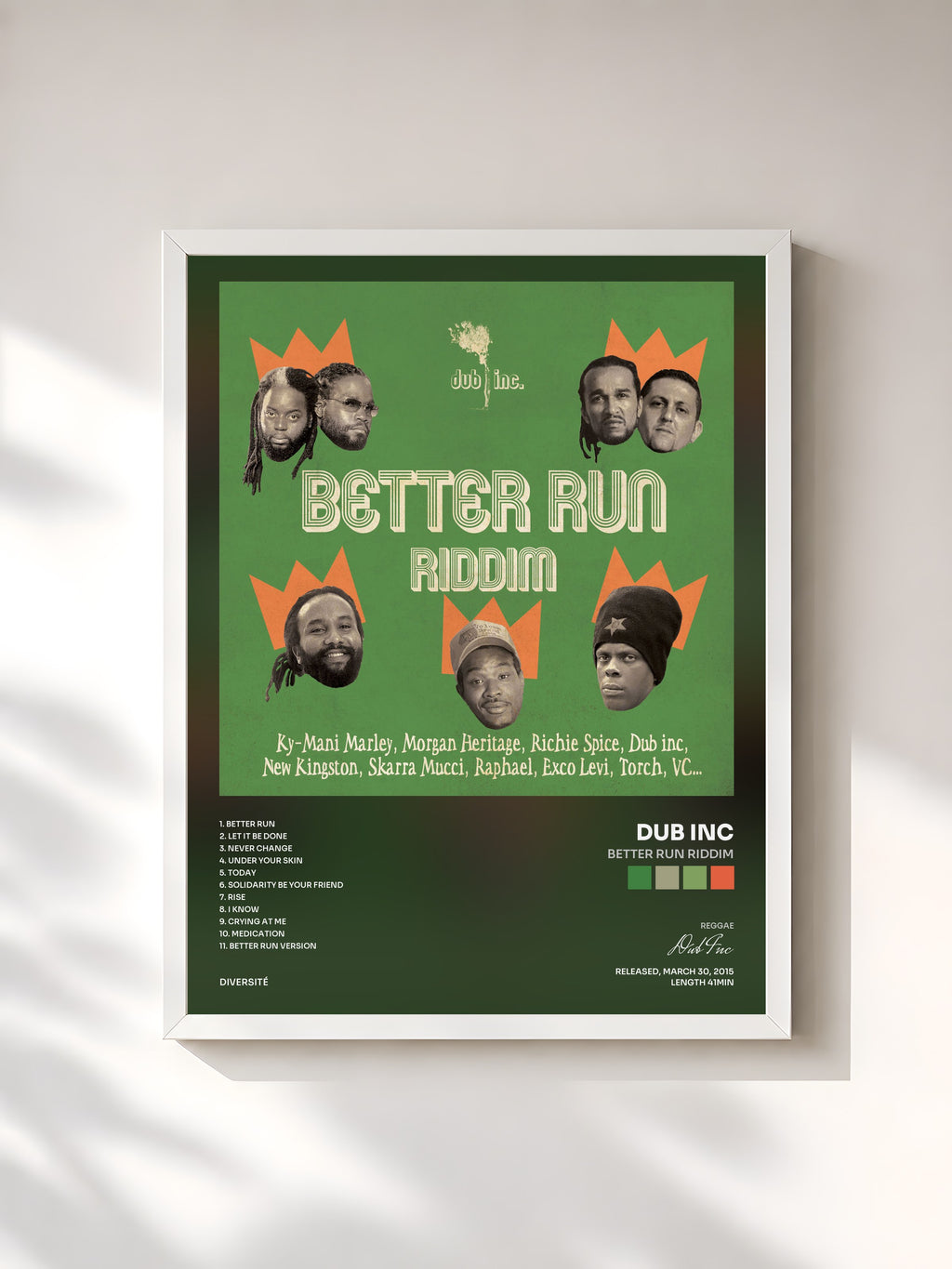 #blanc Tableau de l'album Better Run Riddim de Dub Inc, cadre blanc, imprimé et encadré en France