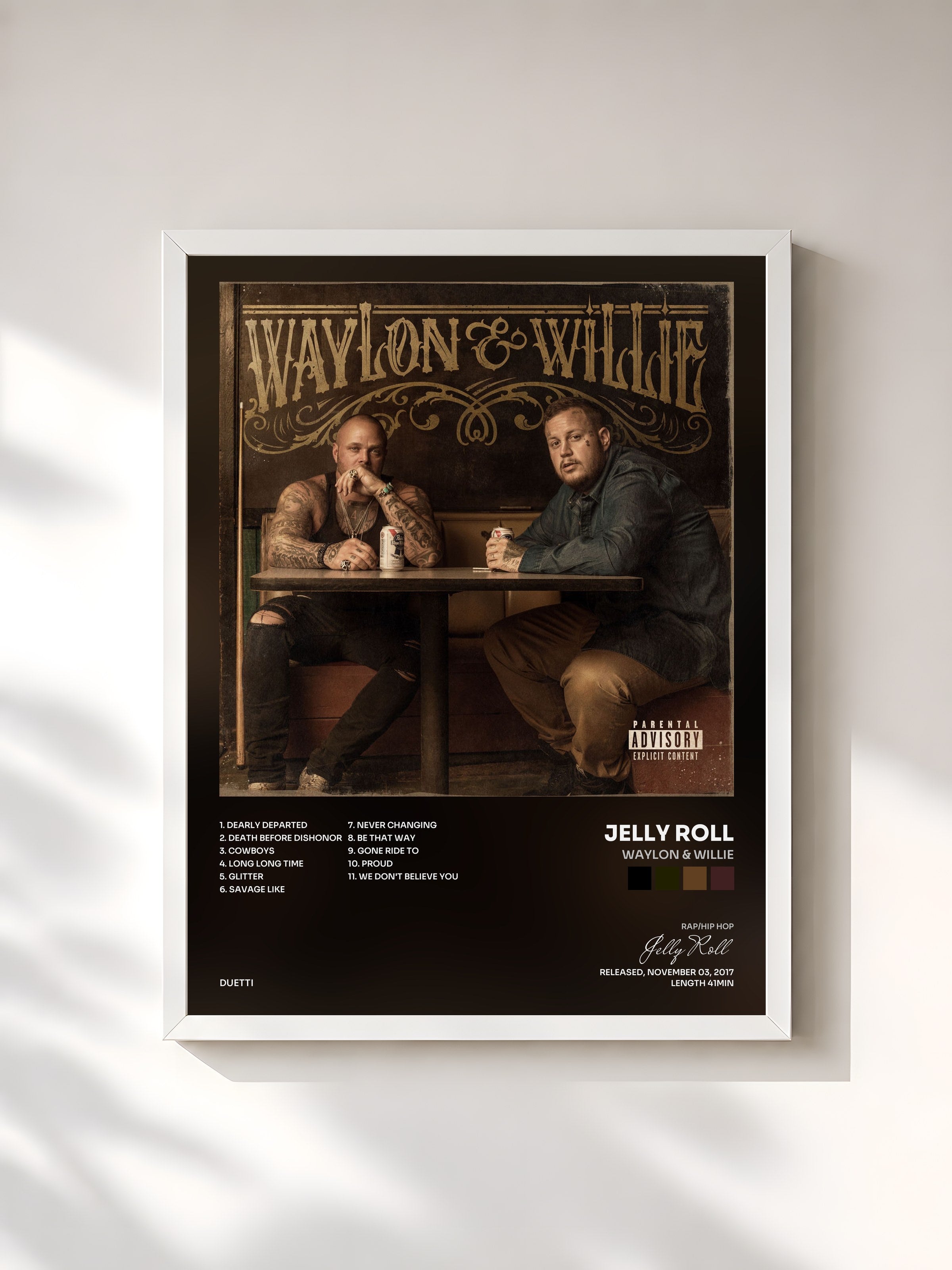 #blanc Tableau de l'album Waylon & Willie de Jelly Roll, cadre blanc, imprimé et encadré en France
