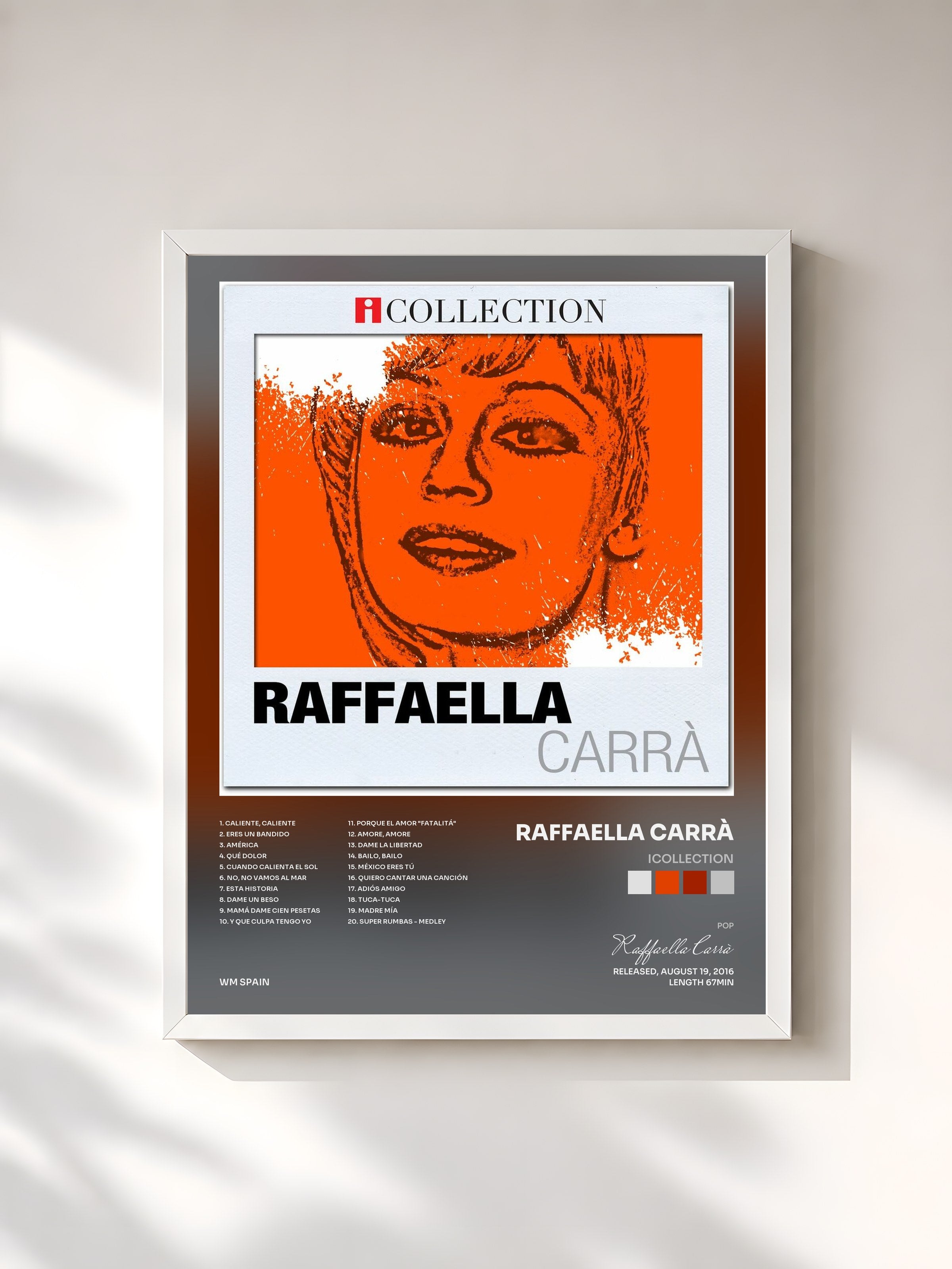 #blanc Tableau de l'album iCollection de Raffaella Carrà, cadre blanc, imprimé et encadré en France