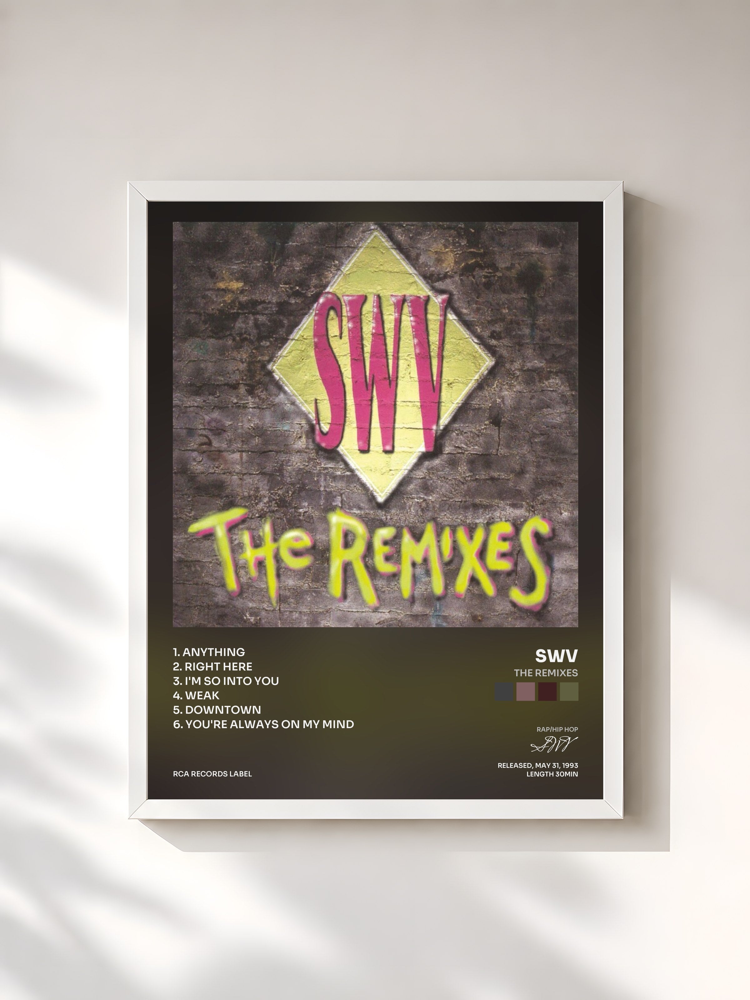 #blanc Tableau de l'album The Remixes de SWV, cadre blanc, imprimé et encadré en France