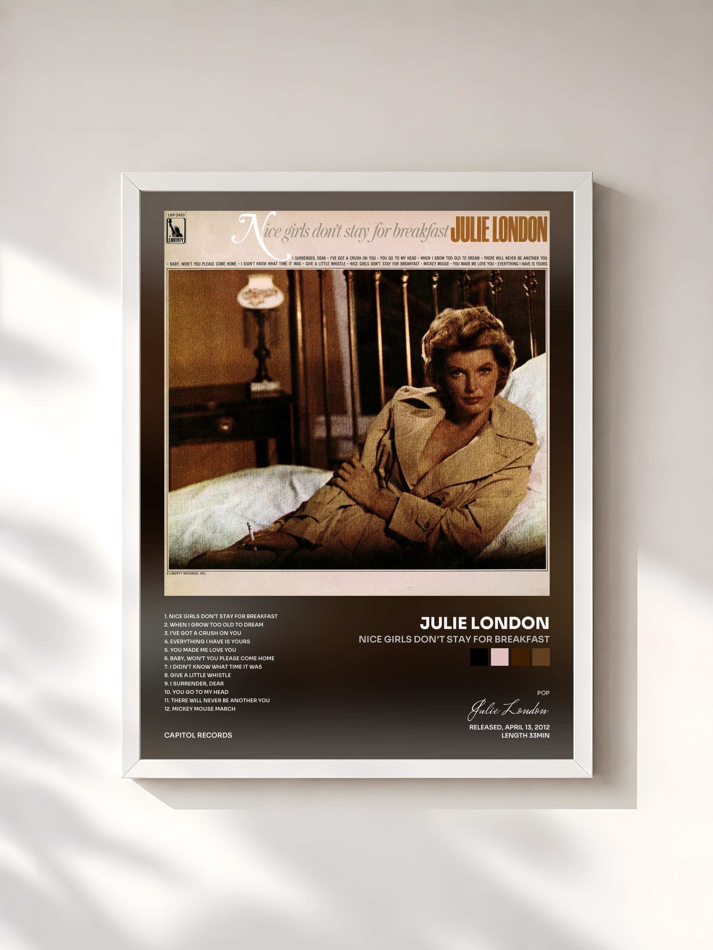 #blanc Tableau de l'album Nice Girls Don't Stay For Breakfast de Julie London, cadre blanc, imprimé et encadré en France