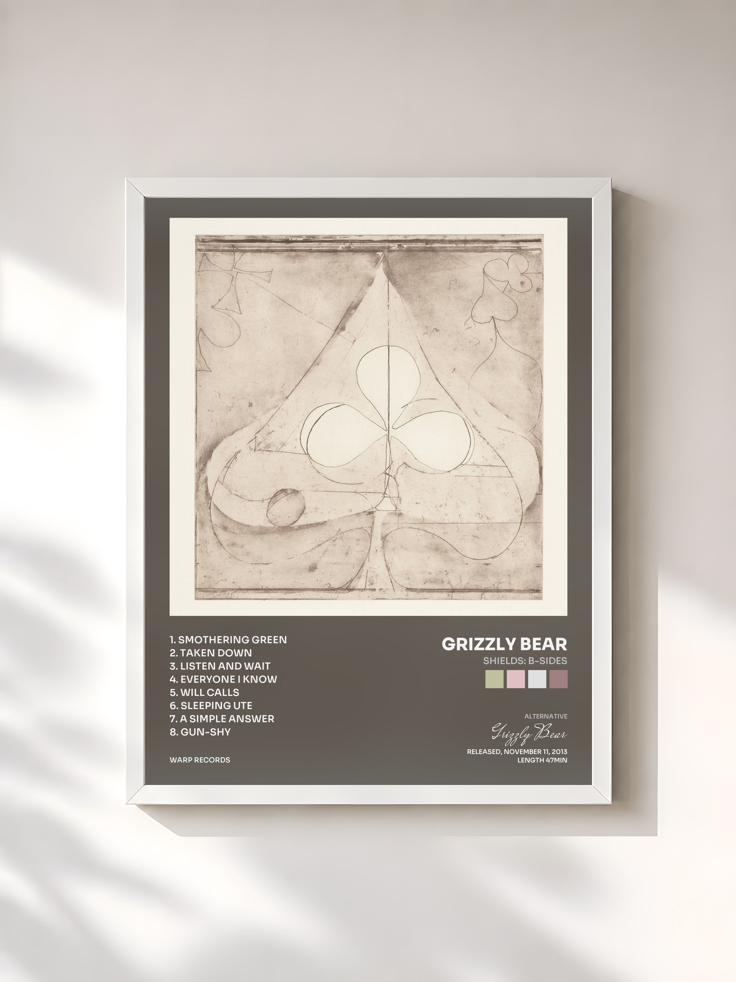 #blanc Tableau de l'album Shields: B-Sides de Grizzly Bear, cadre blanc, imprimé et encadré en France