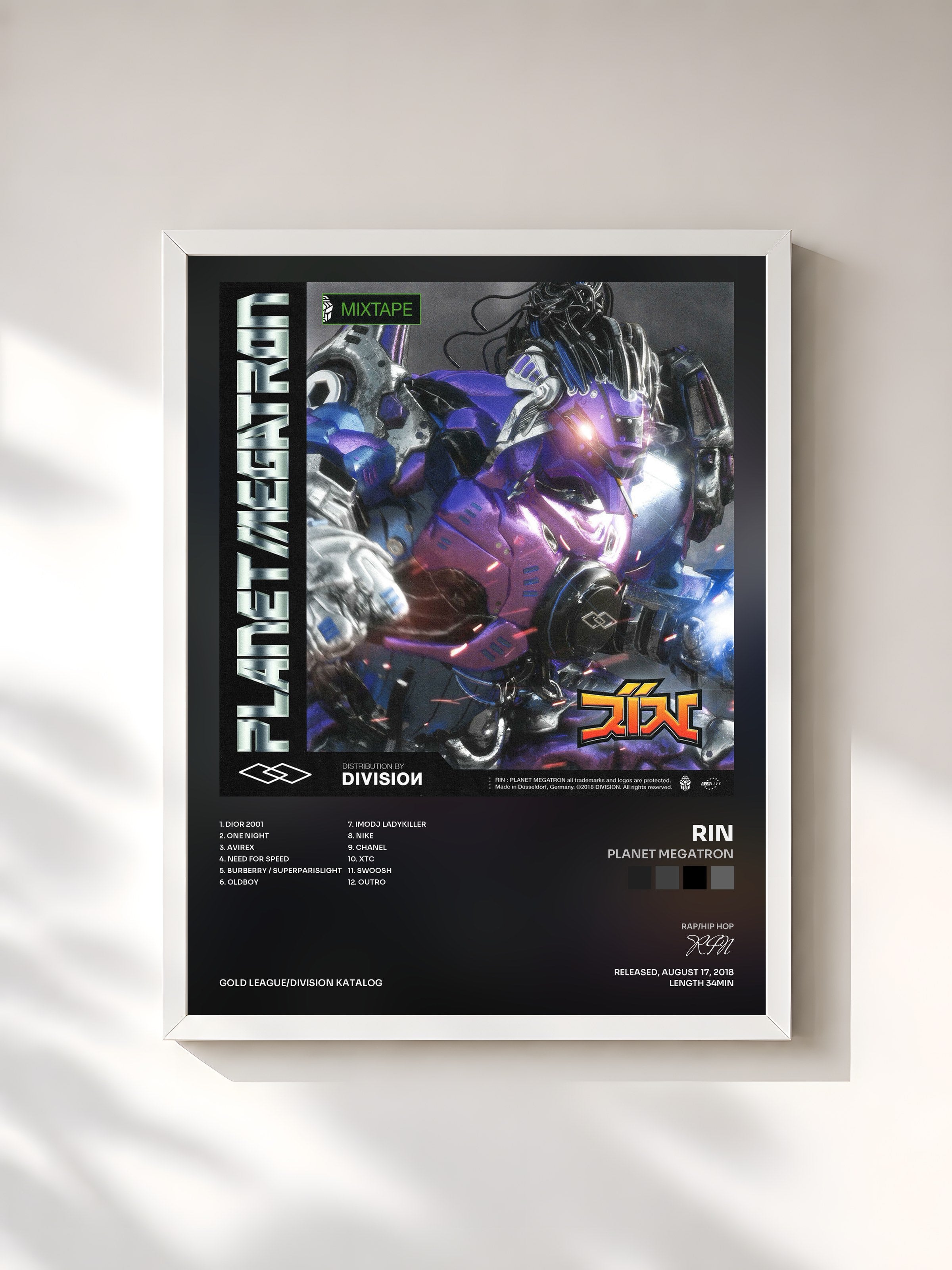 #blanc Tableau de l'album Planet Megatron de RIN, cadre blanc, imprimé et encadré en France