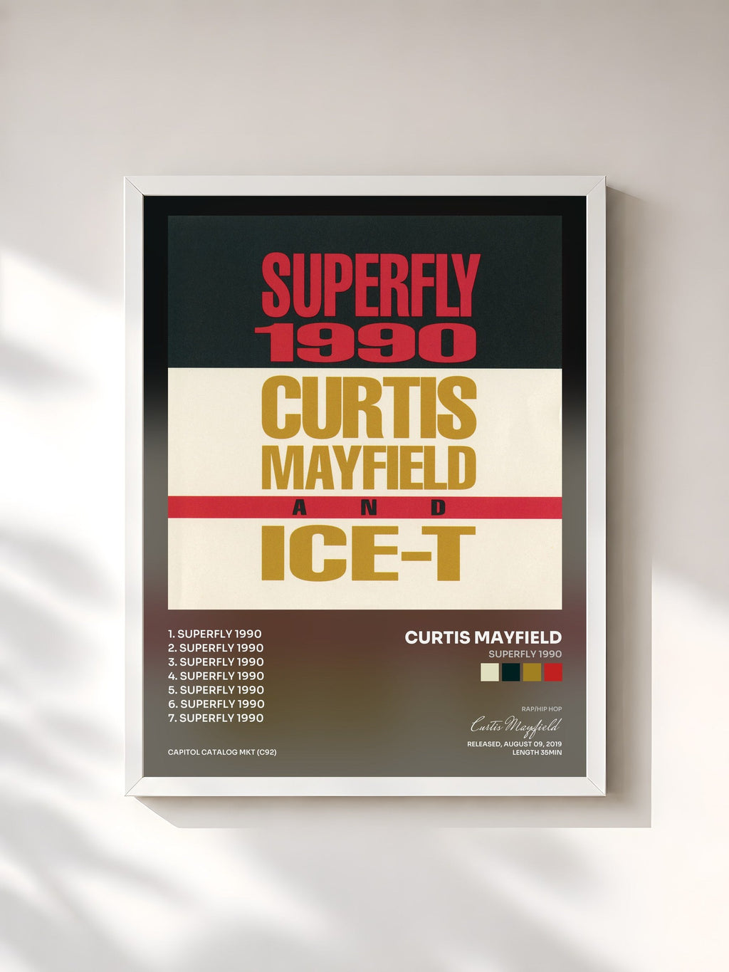 #blanc Superfly 1990 di Curtis Mayfield in stampa incorniciata, cornice bianca, stampata e incorniciata in Francia