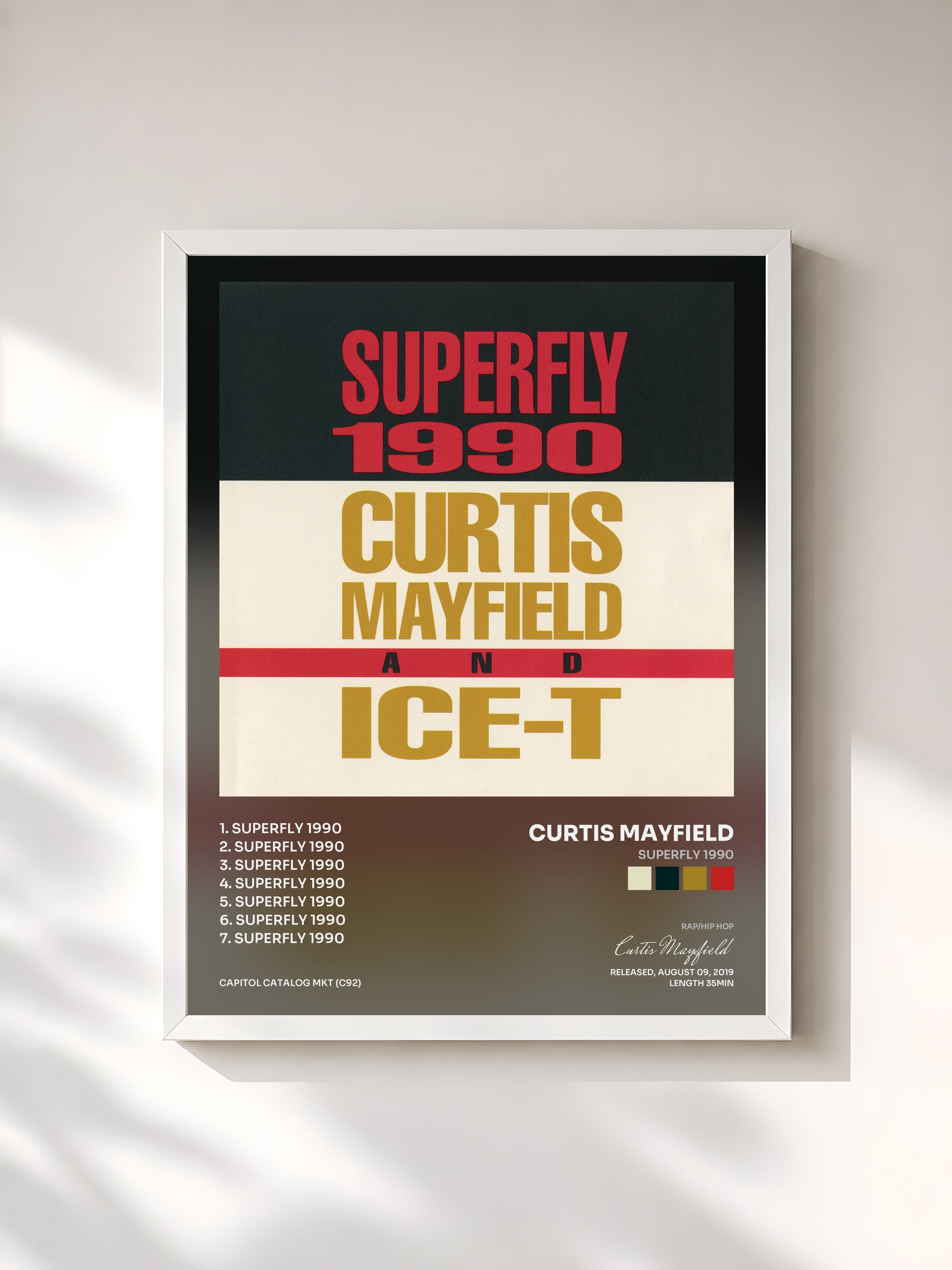 #blanc Tableau de l'album Superfly 1990 de Curtis Mayfield, cadre blanc, imprimé et encadré en France