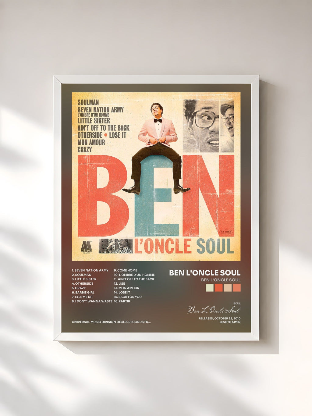 #blanc Tableau de l'album Ben L'Oncle Soul de Ben L'Oncle Soul, cadre blanc, imprimé et encadré en France