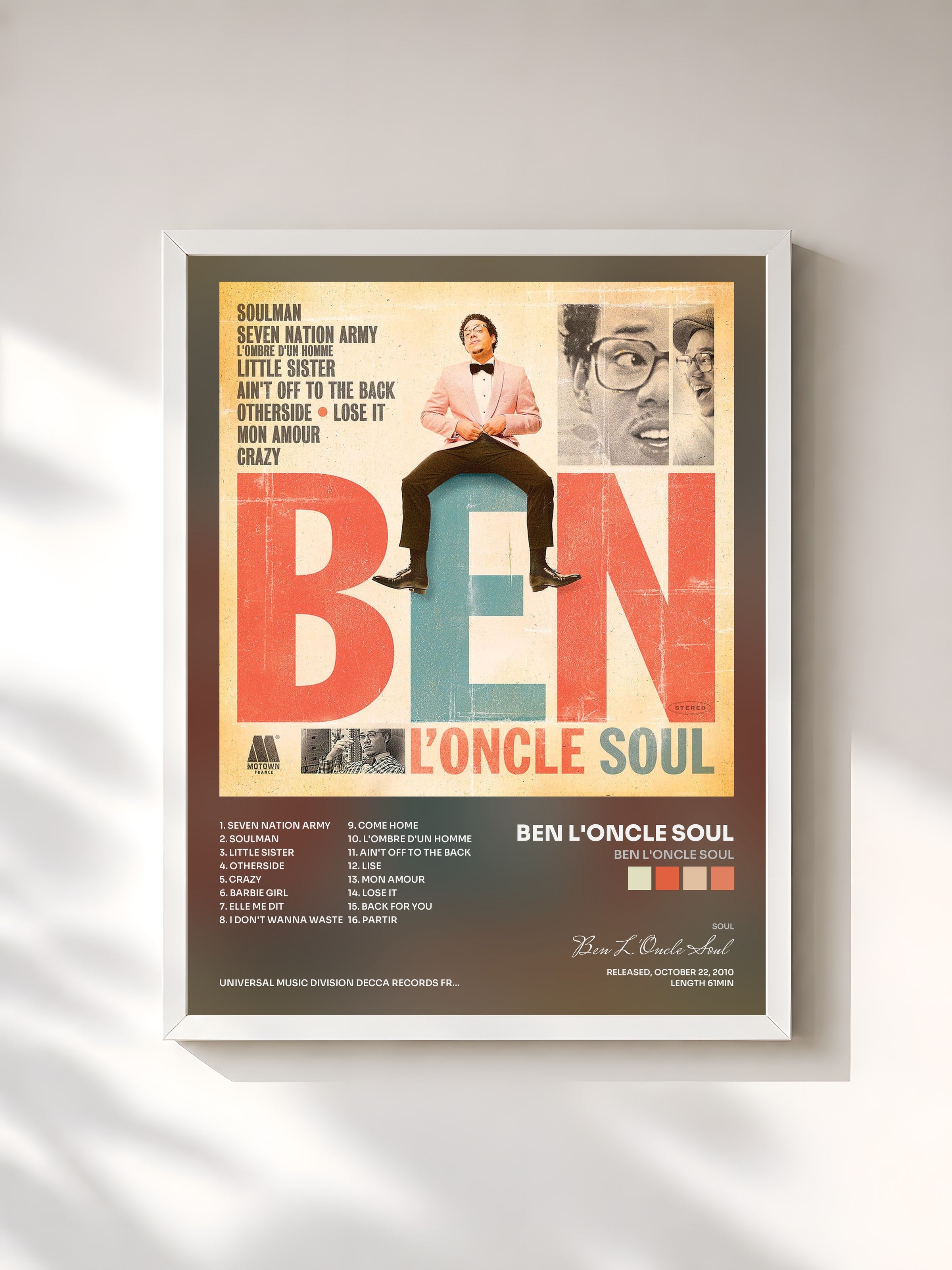#blanc Tableau de l'album Ben L'Oncle Soul de Ben L'Oncle Soul, cadre blanc, imprimé et encadré en France