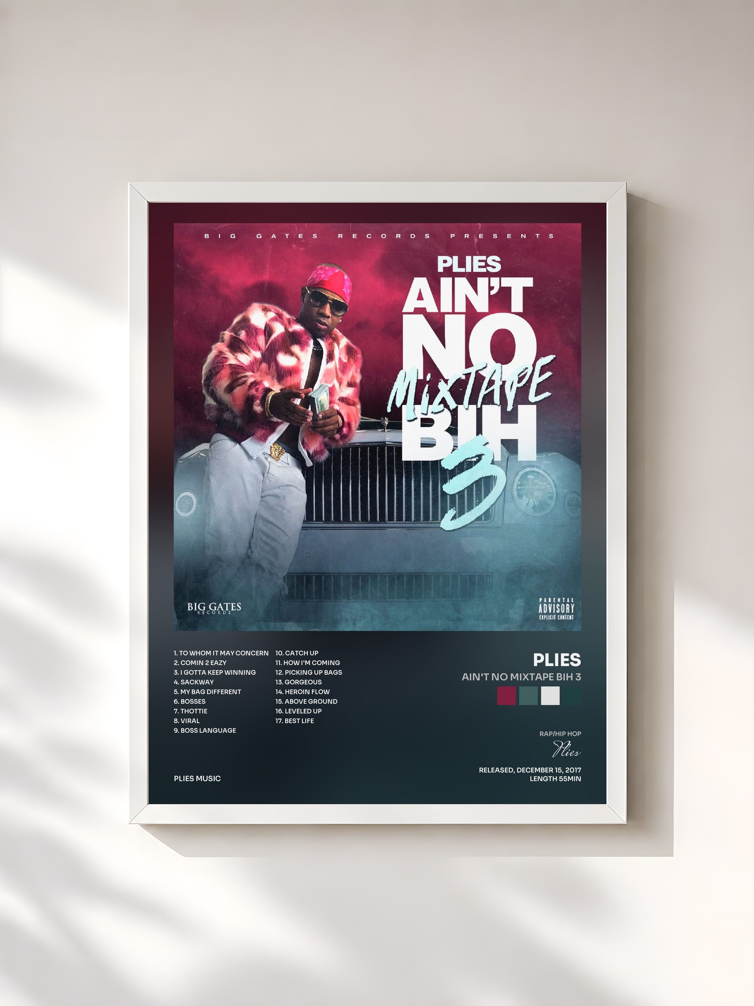 #blanc Tableau de l'album Ain't No Mixtape Bih 3 de Plies, cadre blanc, imprimé et encadré en France