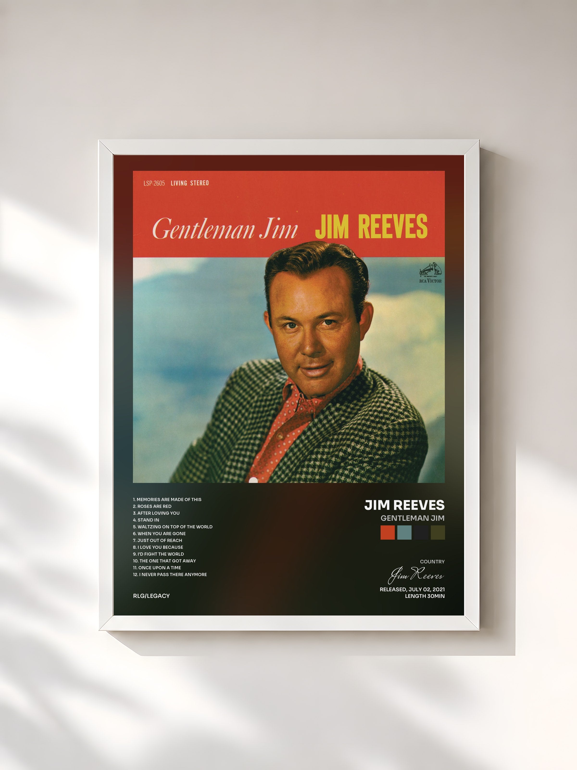 #blanc Tableau de l'album Gentleman Jim de Jim Reeves, cadre blanc, imprimé et encadré en France