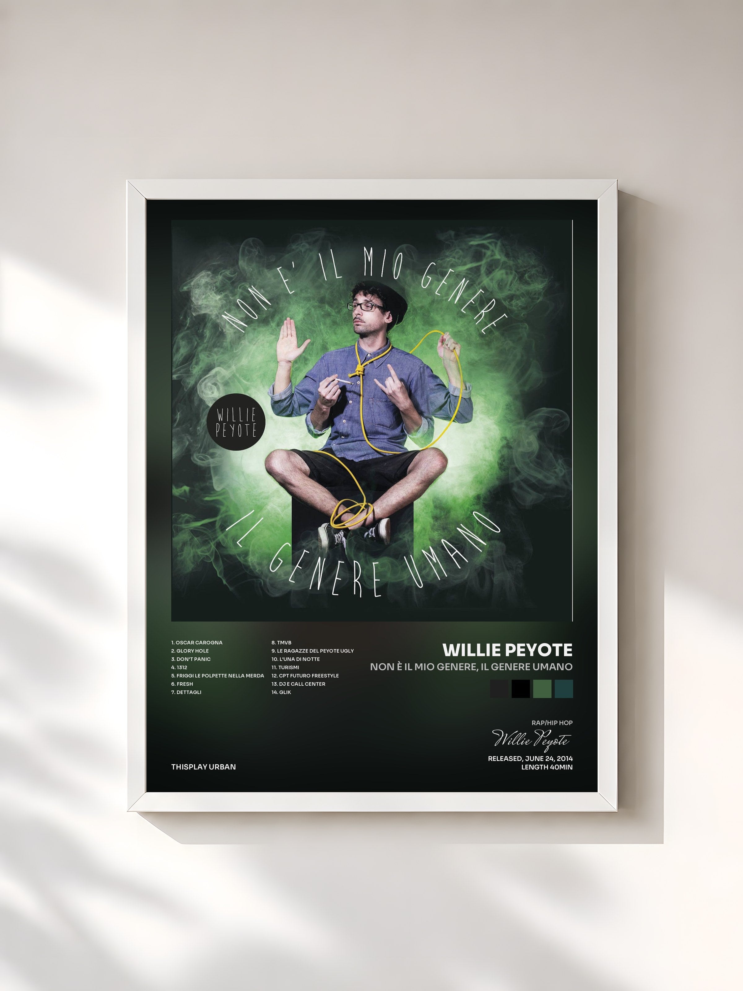 #blanc Tableau de l'album Non è il mio genere, il genere umano de Willie Peyote, cadre blanc, imprimé et encadré en France