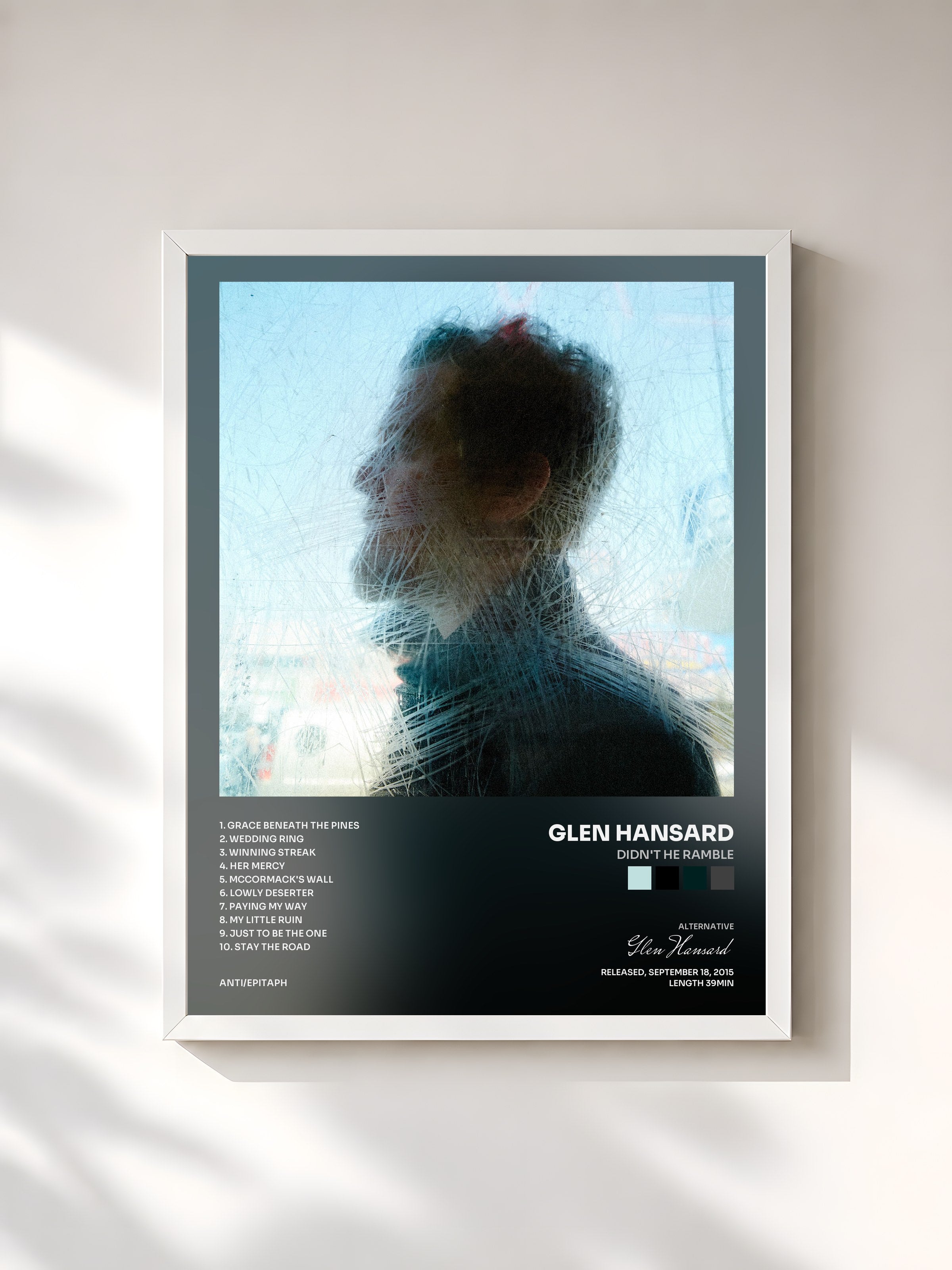 #blanc Tableau de l'album Didn't He Ramble de Glen Hansard, cadre blanc, imprimé et encadré en France