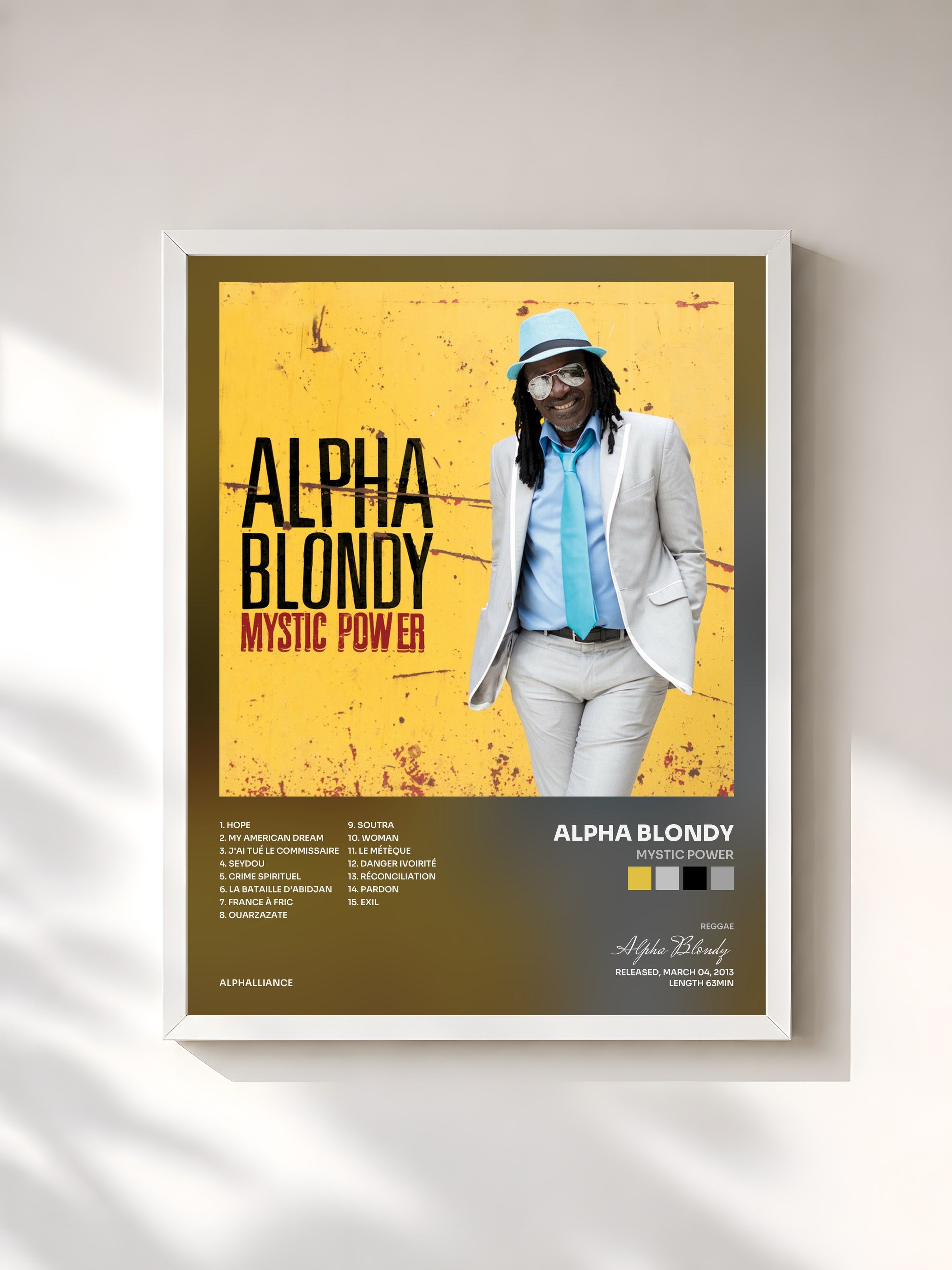 #blanc Tableau de l'album Mystic Power de Alpha Blondy, cadre blanc, imprimé et encadré en France