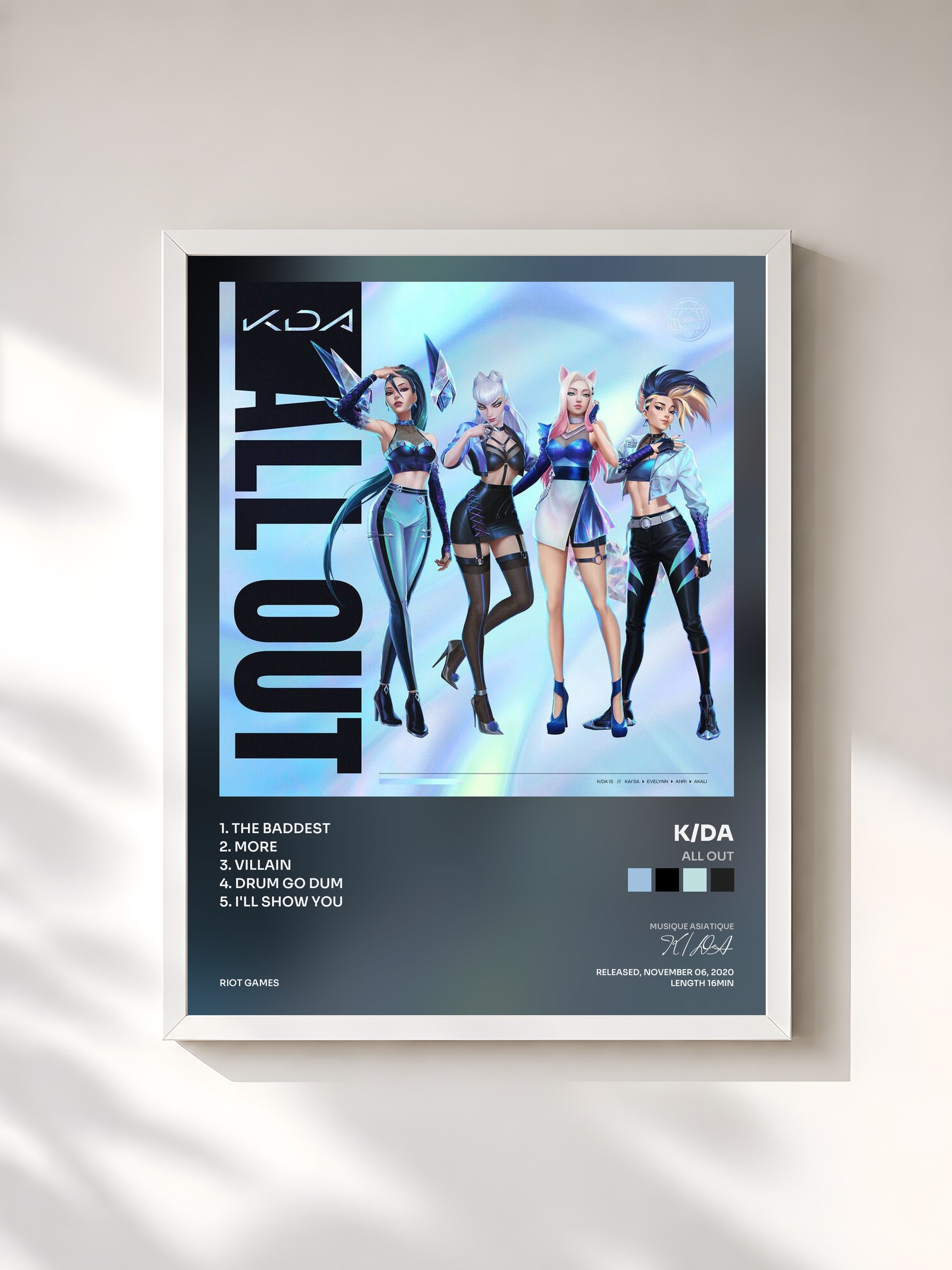 #blanc Tableau de l'album ALL OUT de K/DA, cadre blanc, imprimé et encadré en France