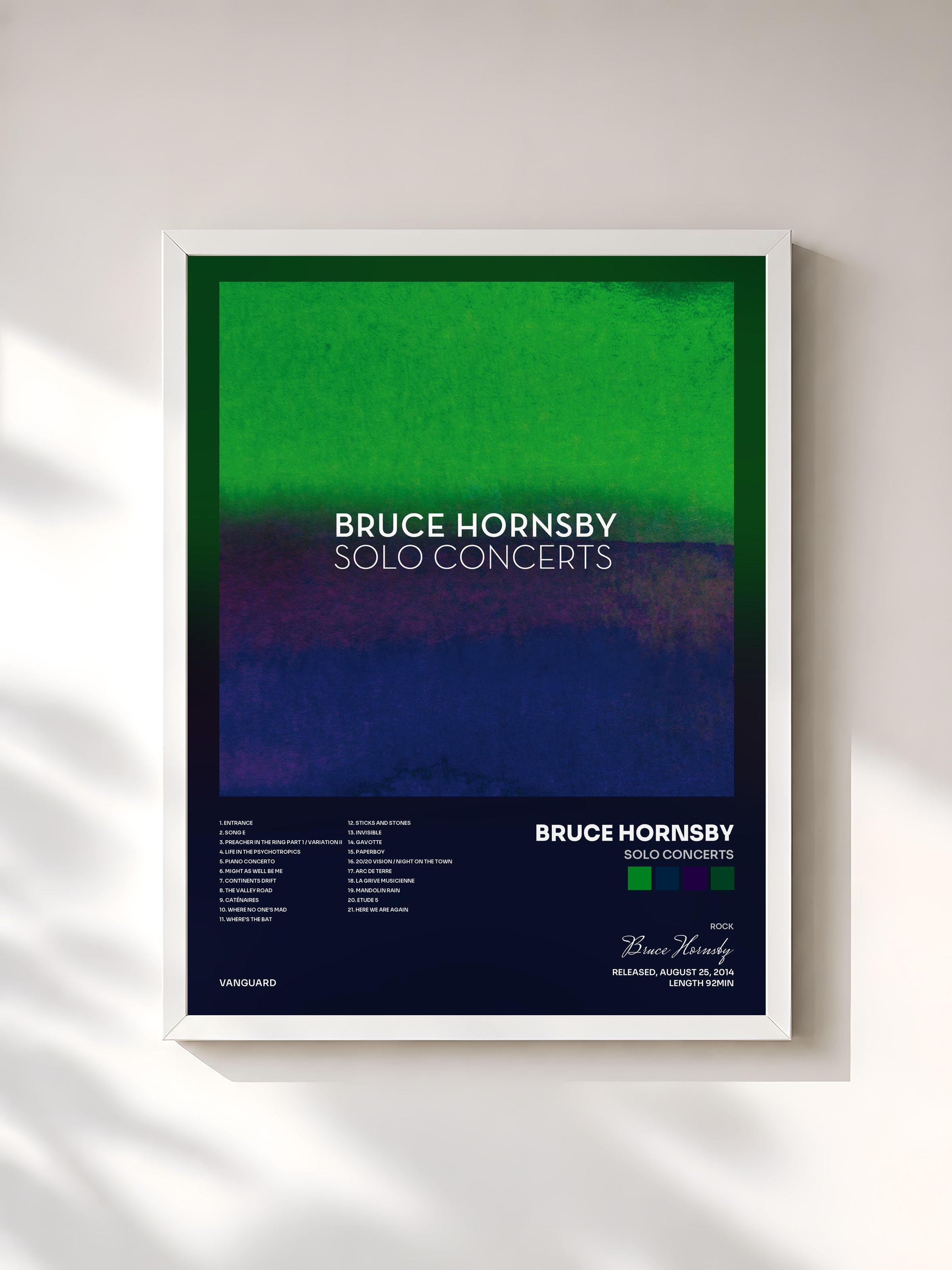 #blanc Tableau de l'album Solo Concerts de Bruce Hornsby, cadre blanc, imprimé et encadré en France
