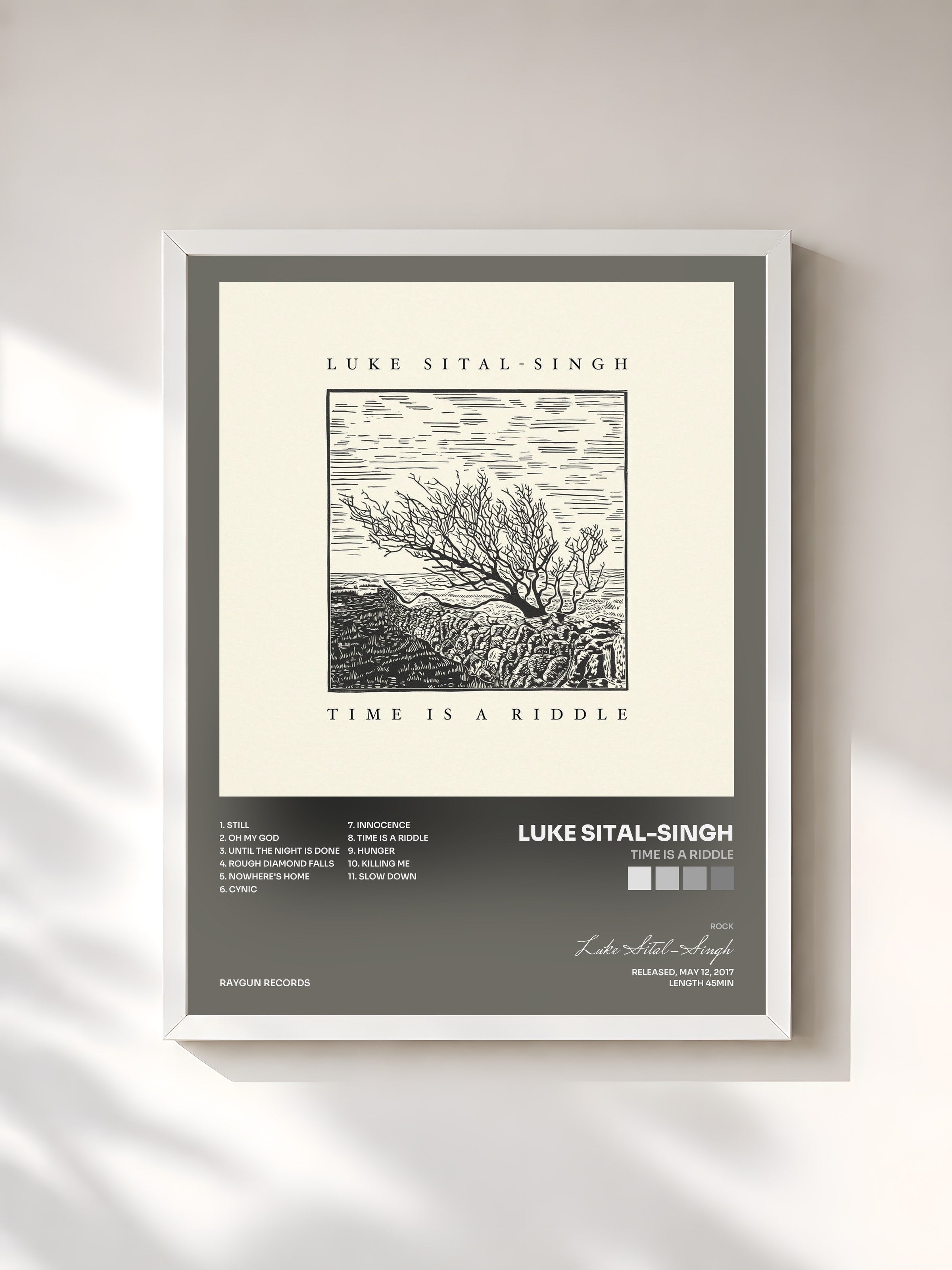 #blanc Tableau de l'album Time Is a Riddle de Luke Sital-Singh, cadre blanc, imprimé et encadré en France