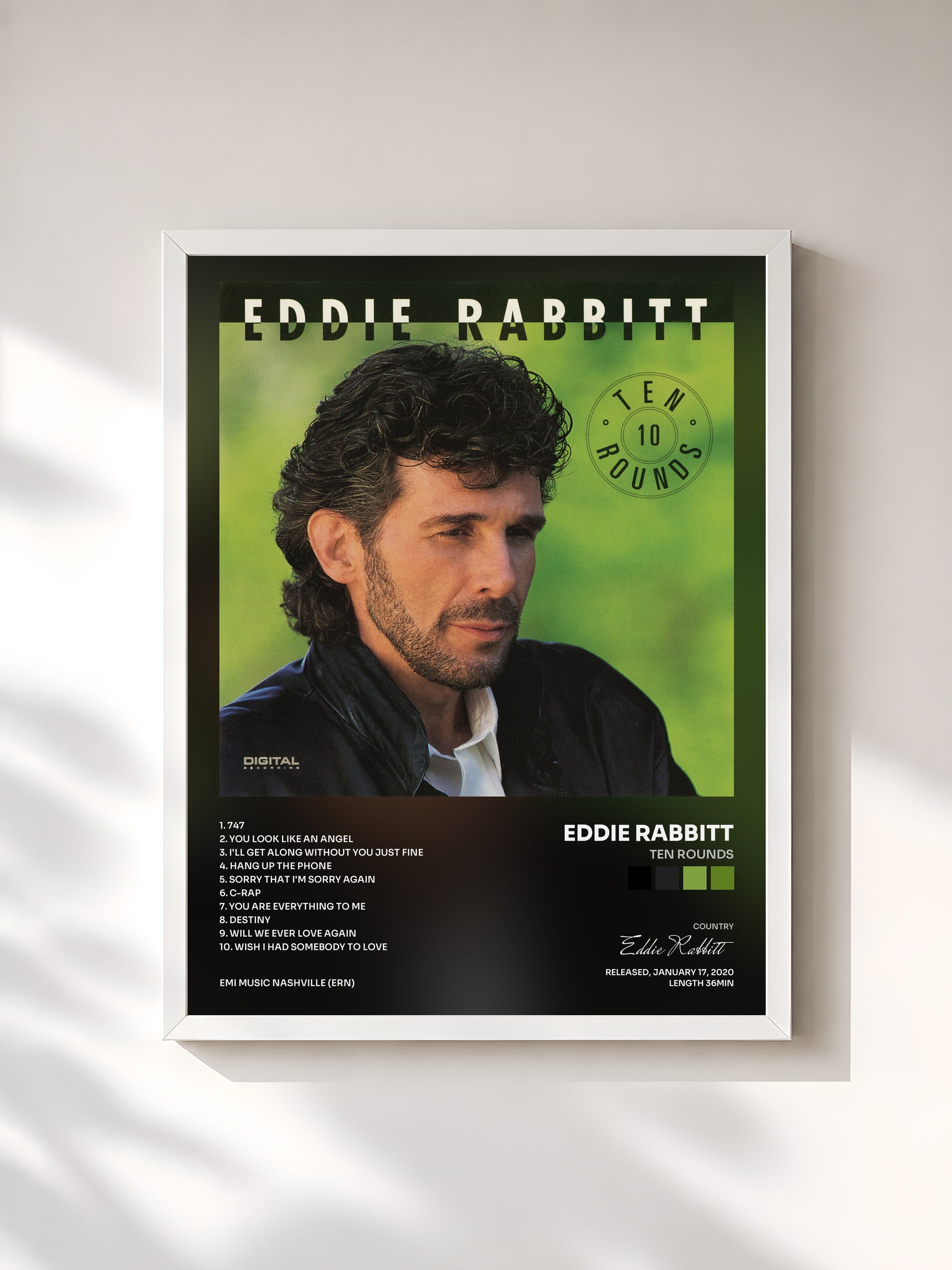 #blanc Tableau de l'album Ten Rounds de Eddie Rabbitt, cadre blanc, imprimé et encadré en France