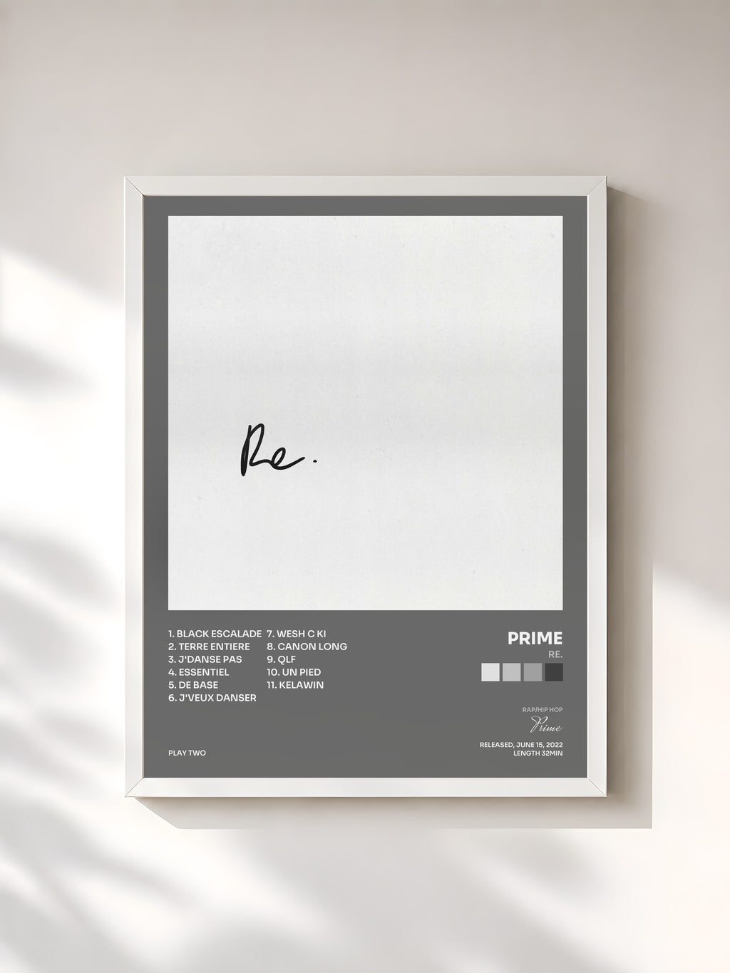 #blanc Tableau de l'album RE. de Prime, cadre blanc, imprimé et encadré en France
