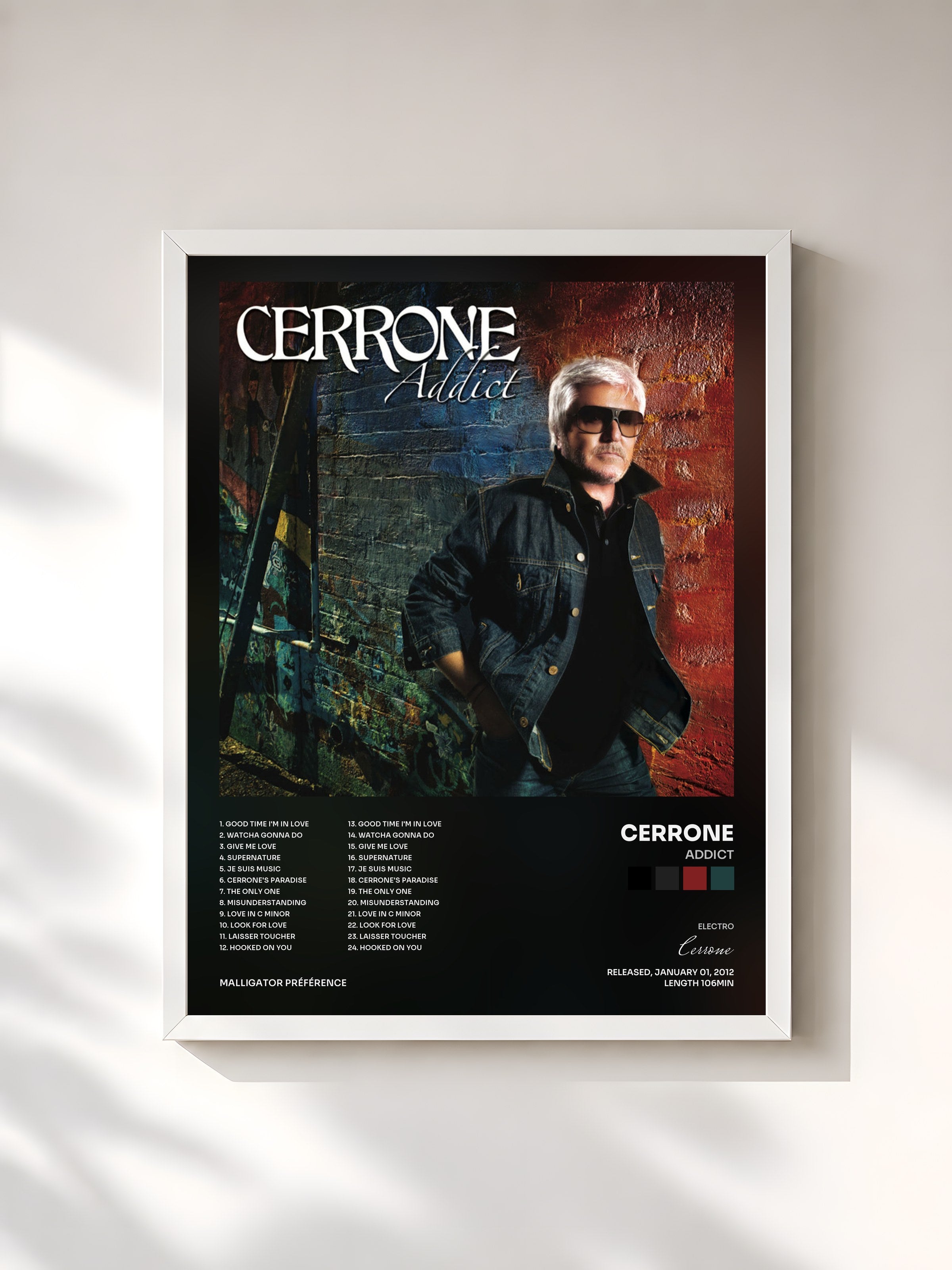 #blanc Tableau de l'album Addict de Cerrone, cadre blanc, imprimé et encadré en France