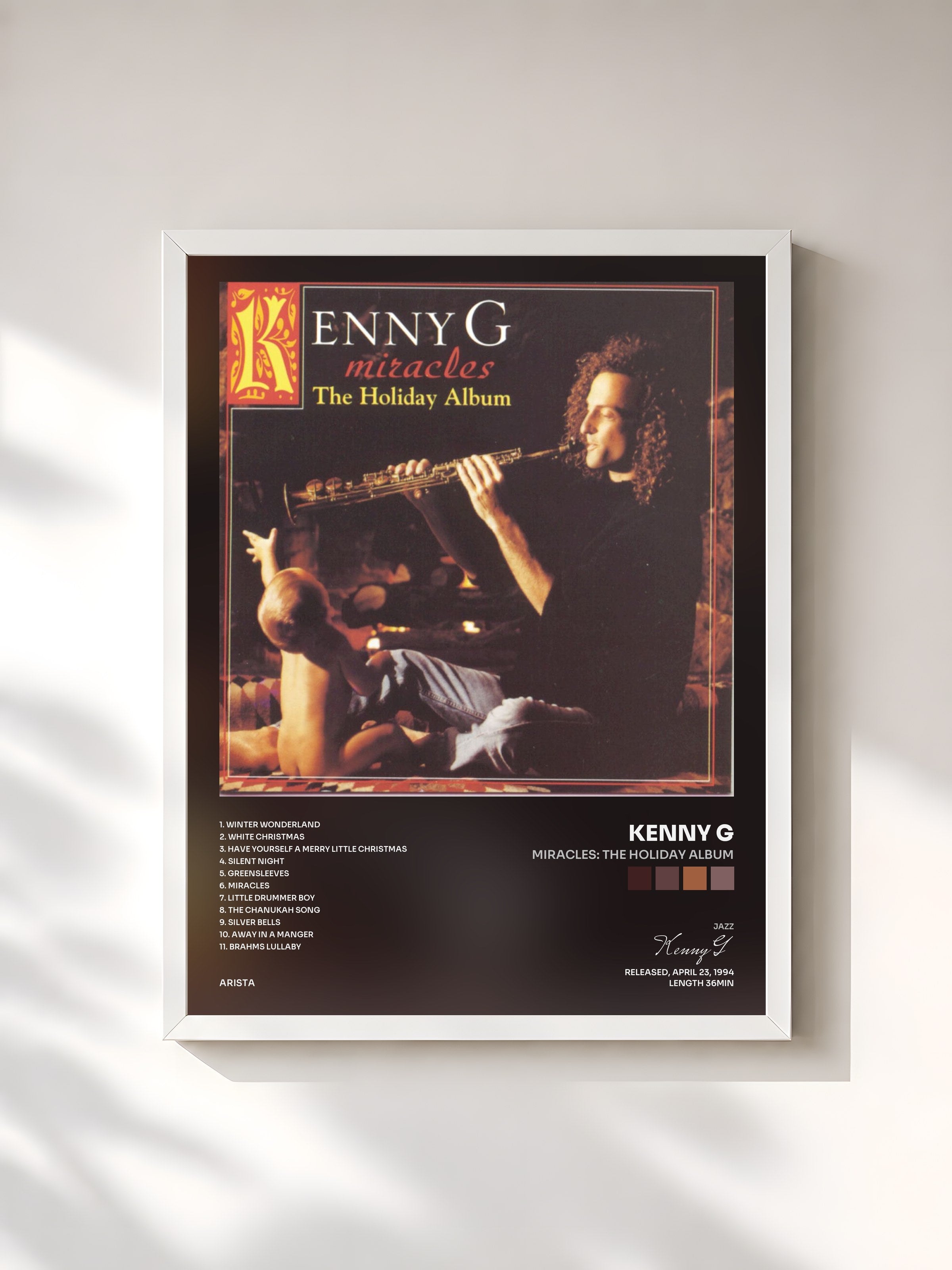 #blanc Tableau de l'album Miracles: The Holiday Album de Kenny G, cadre blanc, imprimé et encadré en France