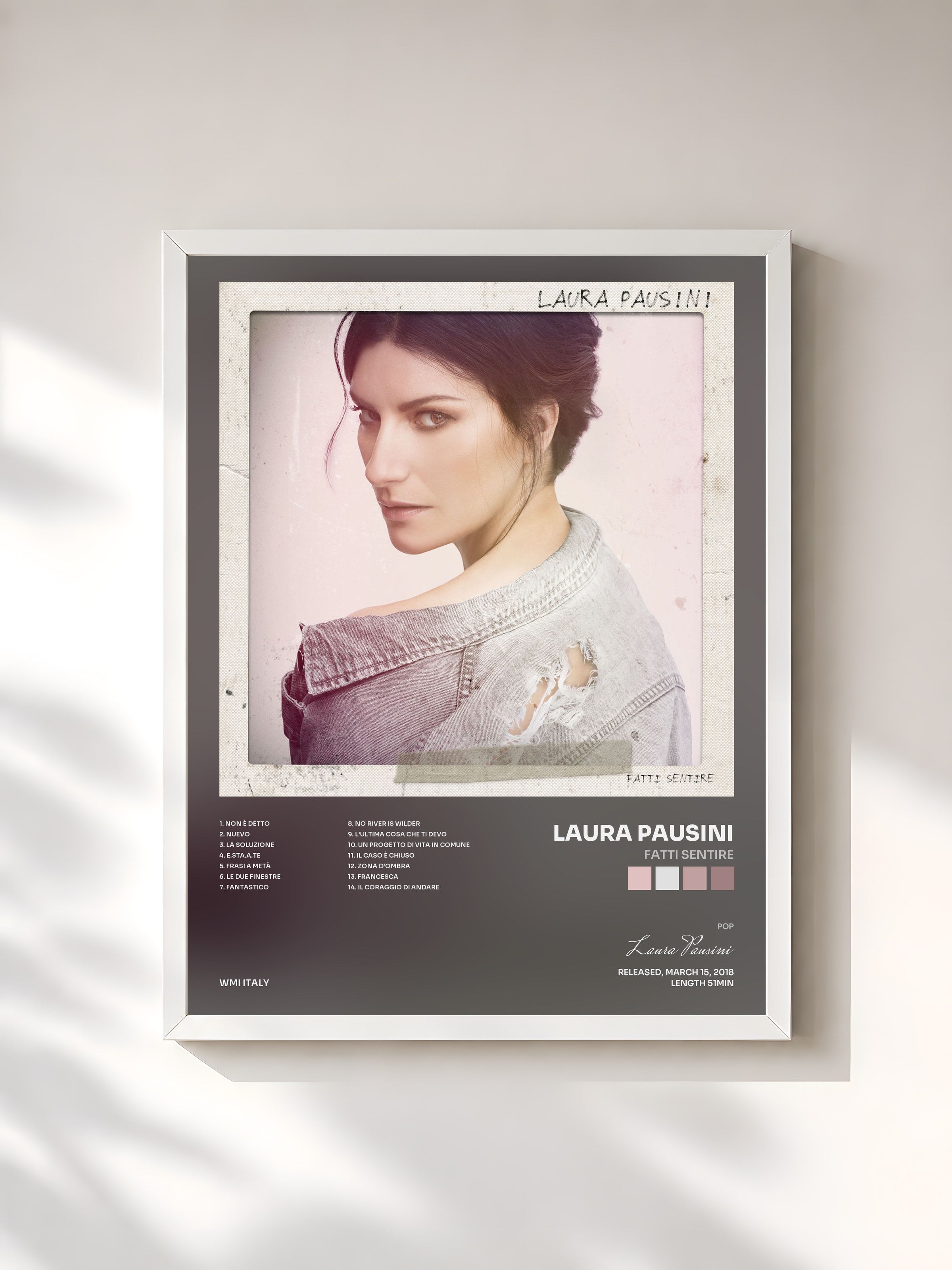 #blanc Tableau de l'album Fatti sentire de Laura Pausini, cadre blanc, imprimé et encadré en France