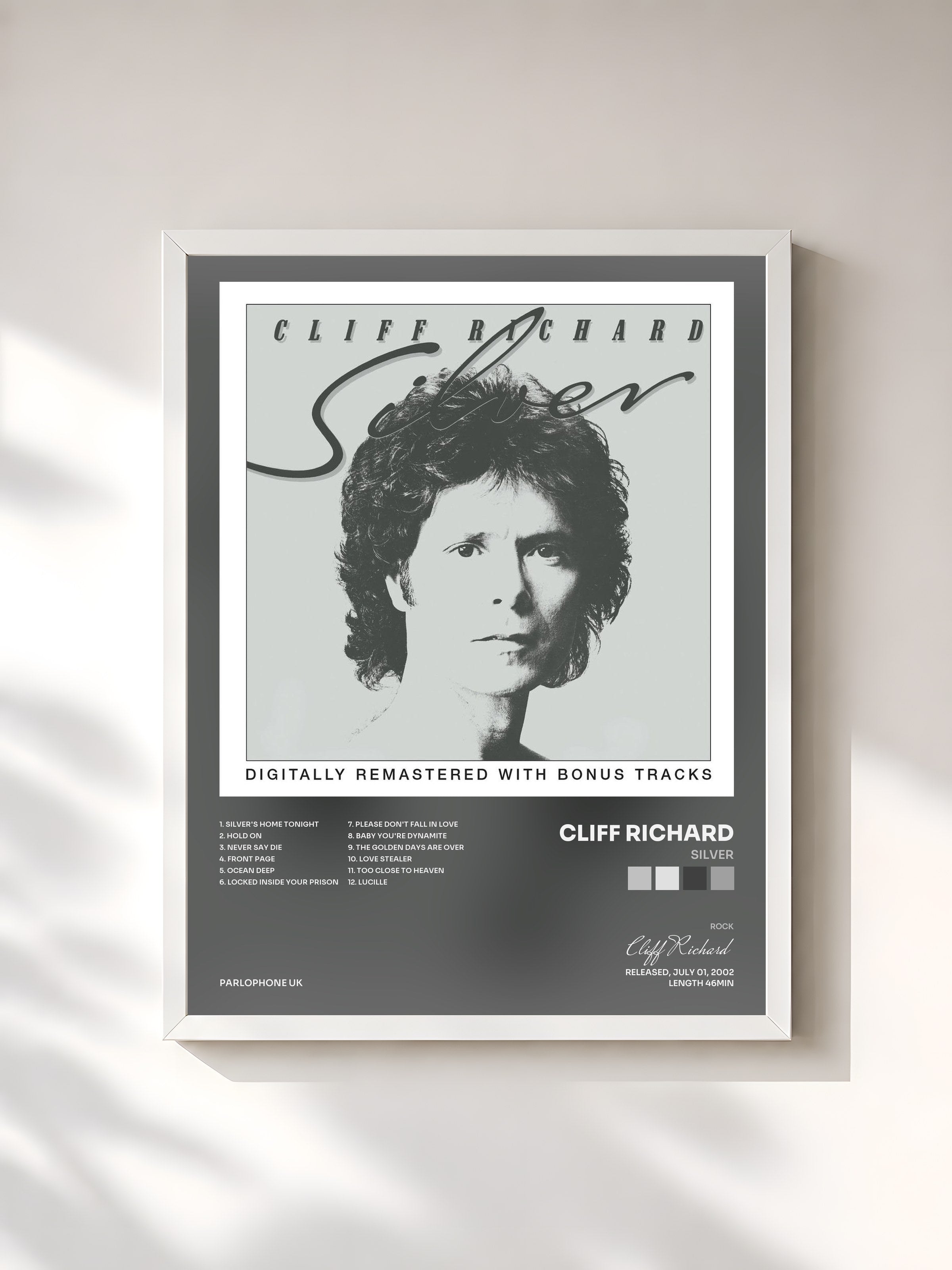 #blanc Tableau de l'album Silver de Cliff Richard, cadre blanc, imprimé et encadré en France