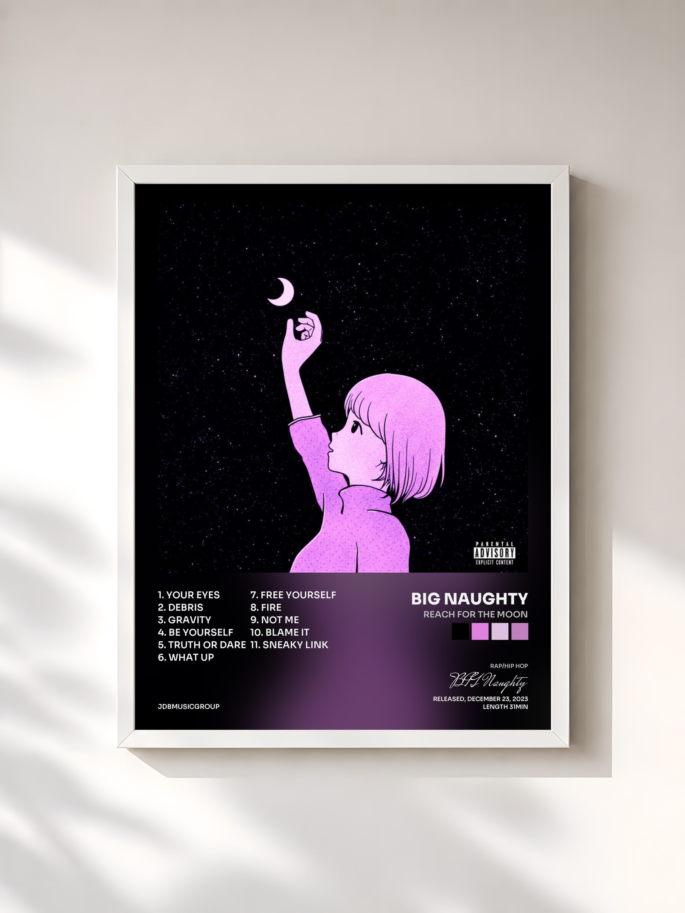 #blanc Tableau de l'album Reach for the Moon de BIG Naughty, cadre blanc, imprimé et encadré en France