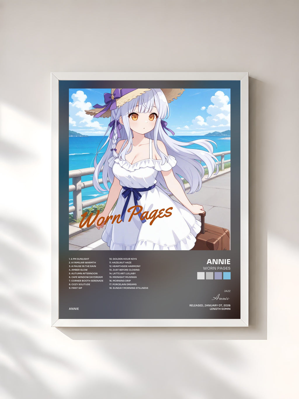 #blanc Tableau de l'album Worn Pages de Annie, cadre blanc, imprimé et encadré en France