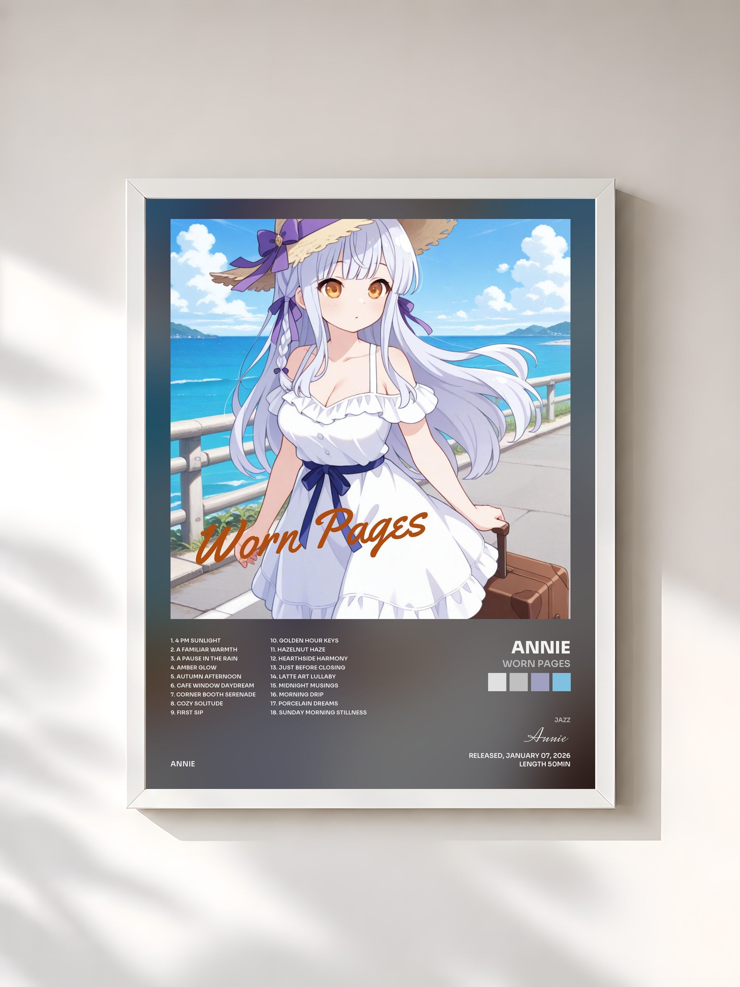 #blanc Tableau de l'album Worn Pages de Annie, cadre blanc, imprimé et encadré en France