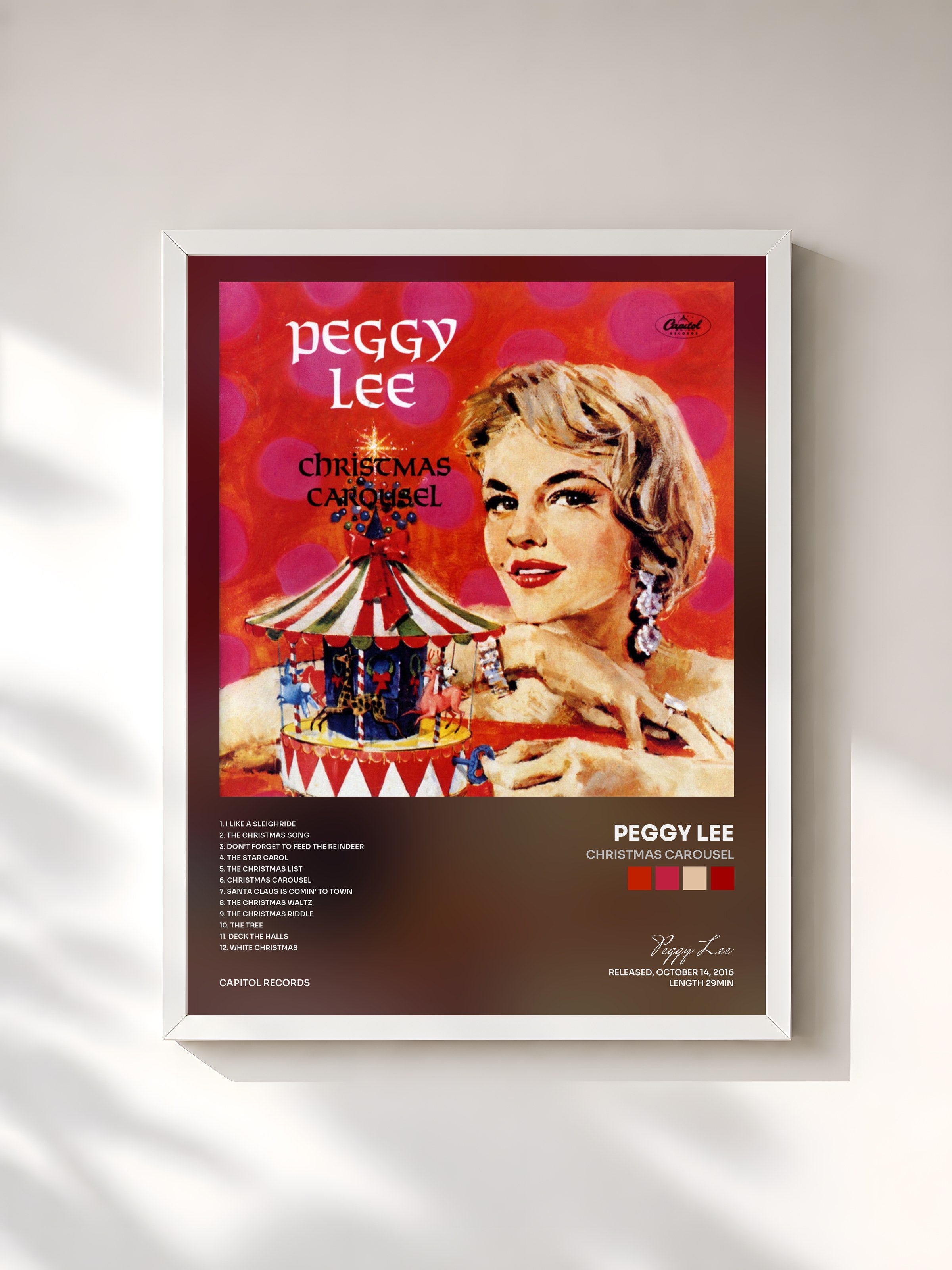 #blanc Tableau de l'album Christmas Carousel de Peggy Lee, cadre blanc, imprimé et encadré en France