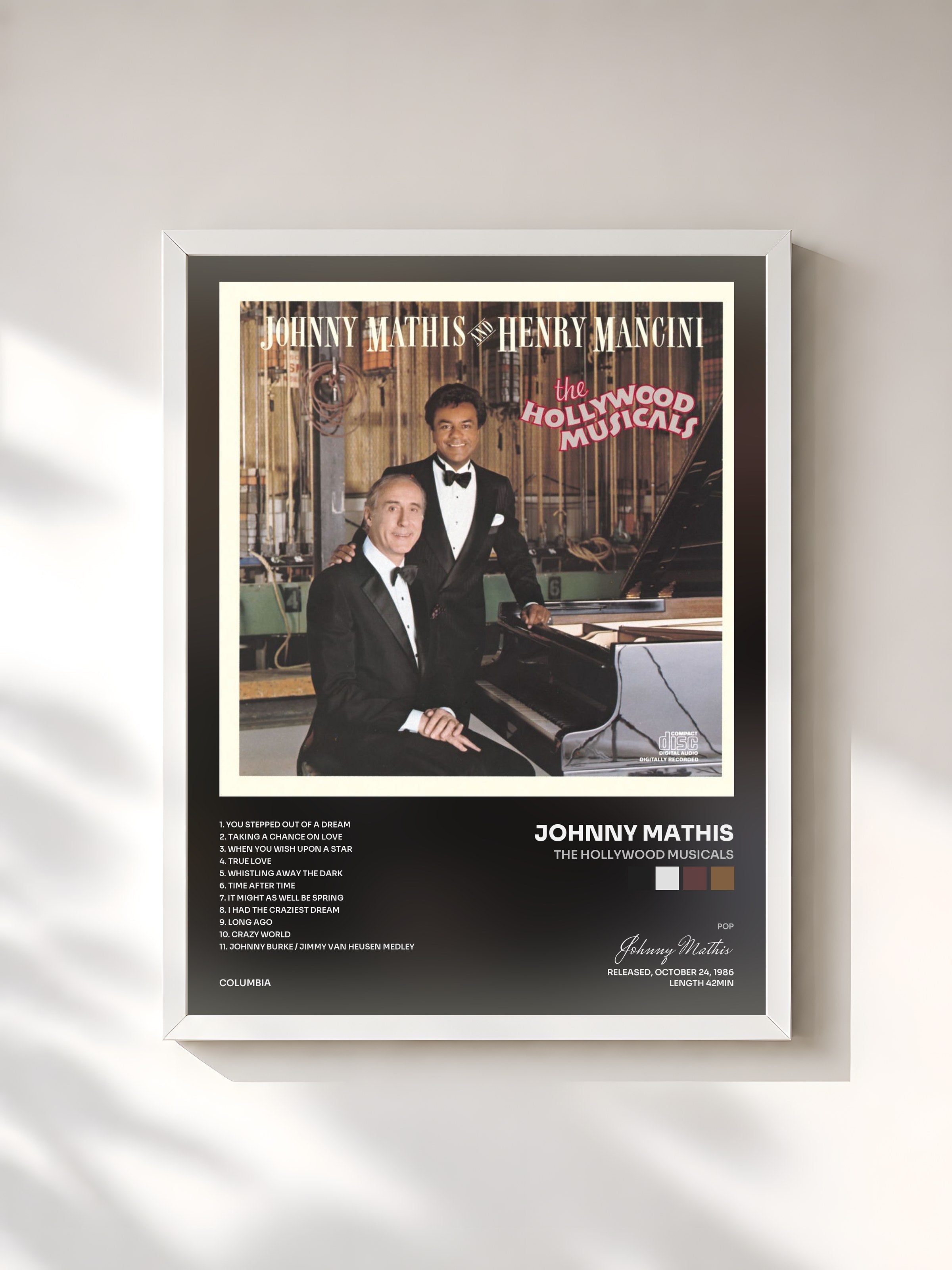 #blanc Tableau de l'album The Hollywood Musicals de Johnny Mathis, cadre blanc, imprimé et encadré en France