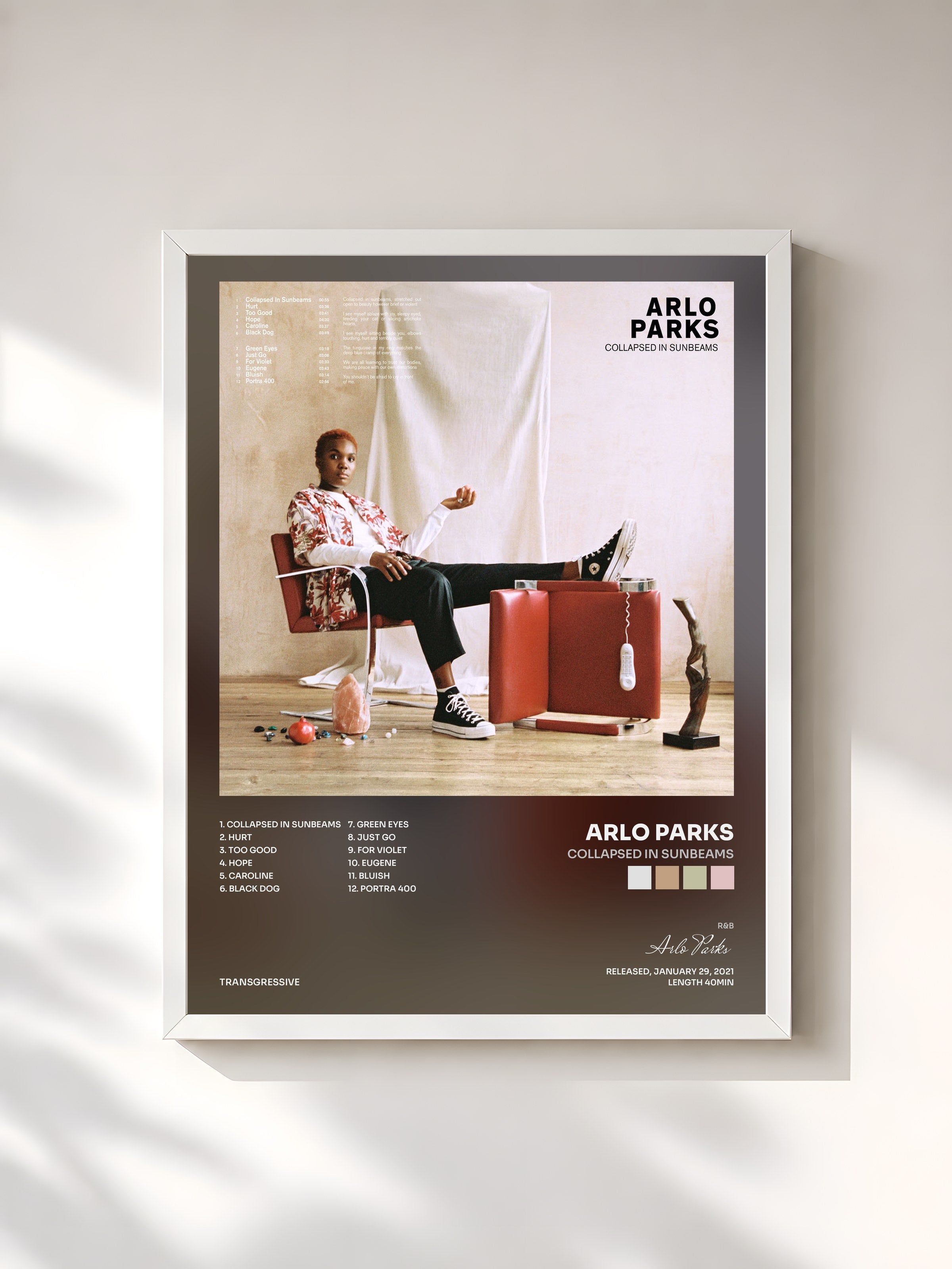 #blanc Tableau de l'album Collapsed In Sunbeams de Arlo Parks, cadre blanc, imprimé et encadré en France