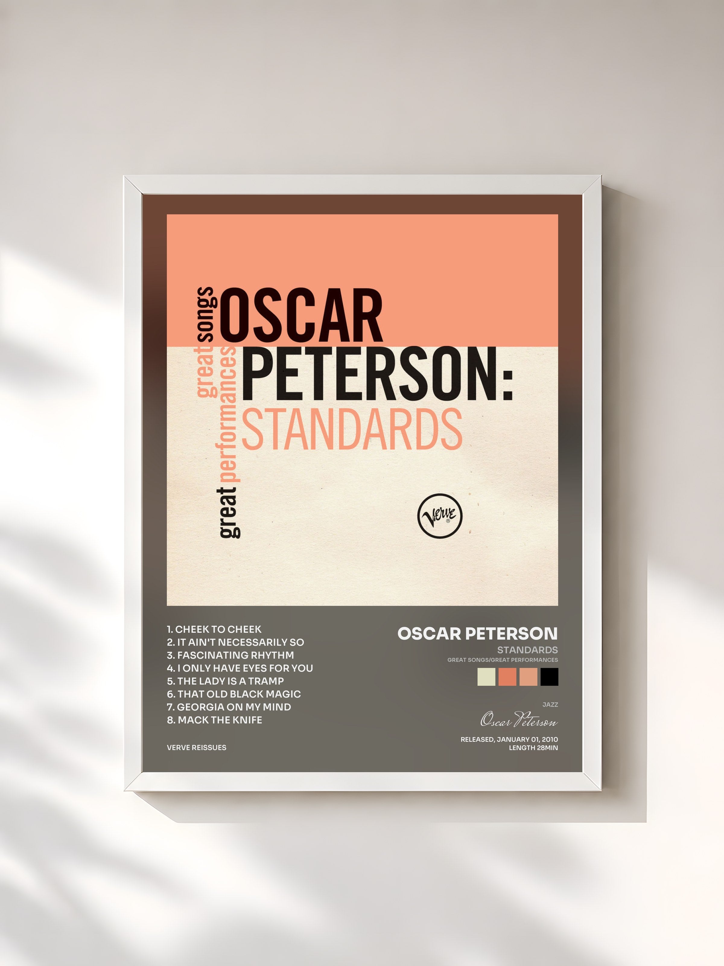 #blanc Tableau de l'album Standards (Great Songs/Great Performances) de Oscar Peterson, cadre blanc, imprimé et encadré en France